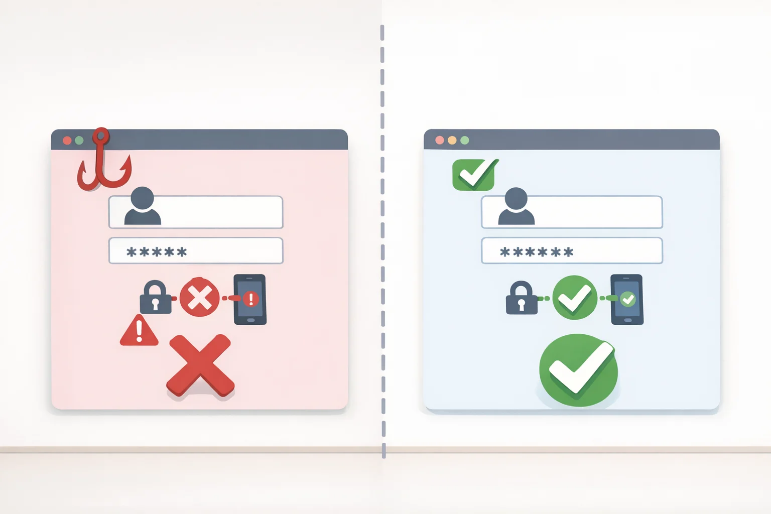 Illustration of a phishing attempt where a passkey authentication only works for the original service and fails when presented to a lookalike site