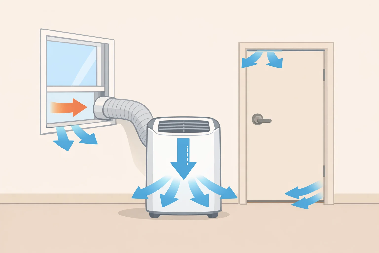 Cross-section diagram of a single-hose portable air conditioner showing heated exhaust air leaving through the hose while the room pulls replacement air from gaps, capturing the disadvantages of portable air conditioners.