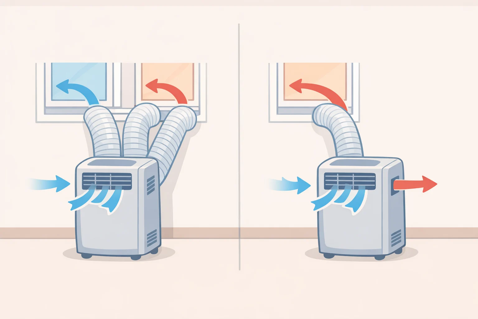 Diagram comparing dual-hose and single-hose portable air conditioners with separate outside-air intake routing that reduces negative pressure in the room.