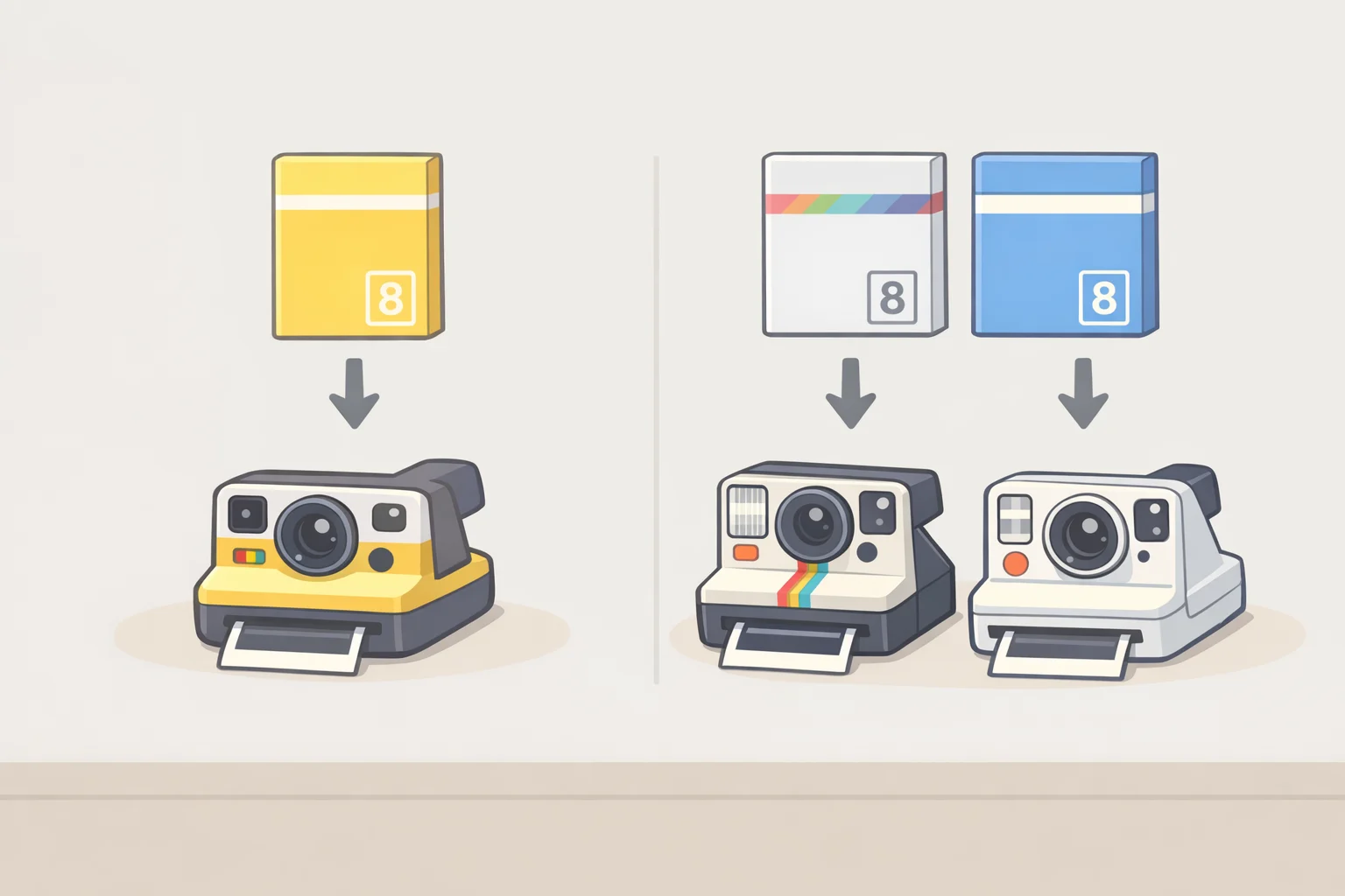 Chart-style illustration showing which Pokémon-themed film packs (Go format vs i-Type/600) are compatible with the Go Gen 3 and Now Gen 3 cameras in the Polaroid x Pokémon collection