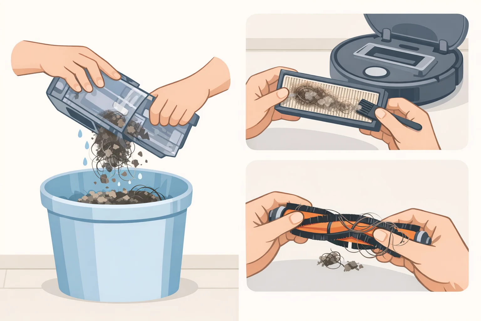 Robot vacuum maintenance view with a cleaned bin, an inspected filter, and a brush roll cleared of hair to restore pickup performance