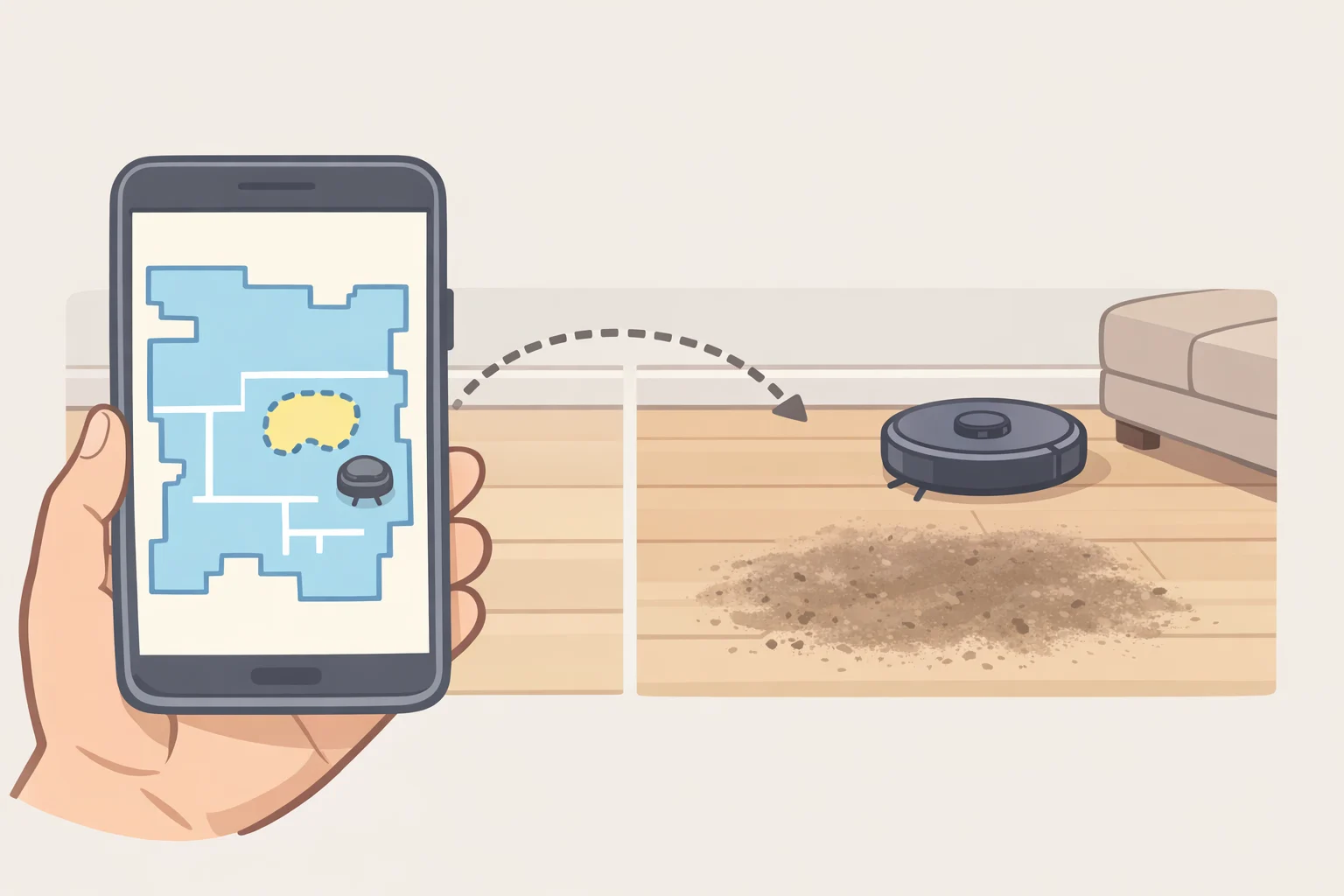 Robot vacuum app floor map with a marked cleaned area that still has visible debris, helping explain why is my robot vacuum missing spots