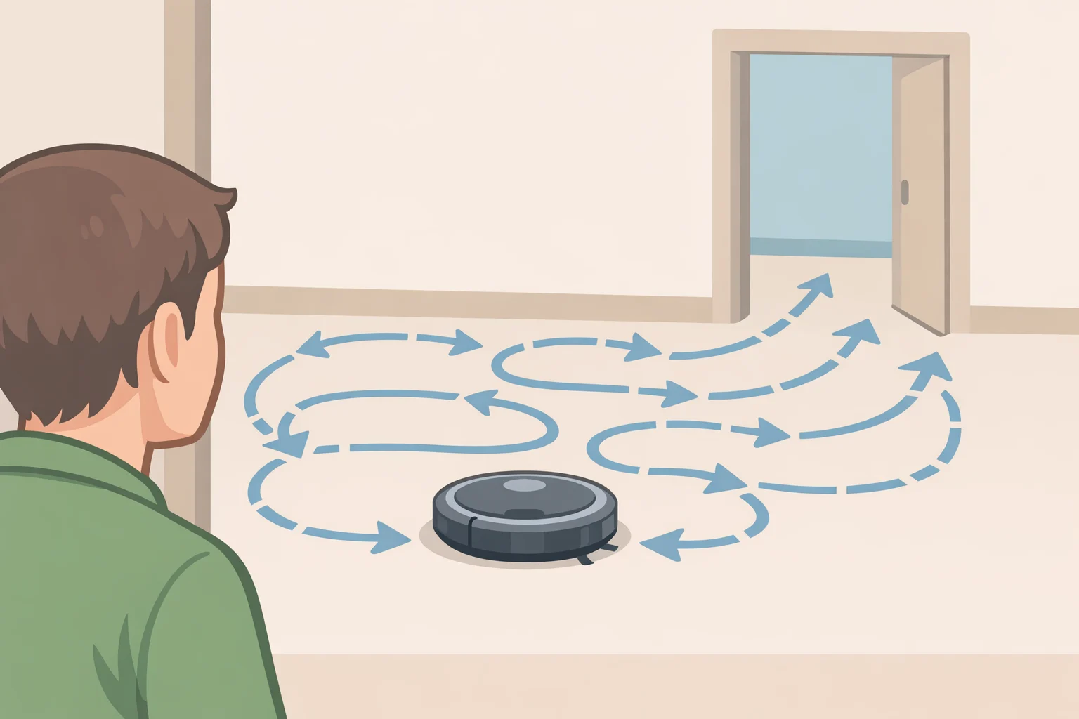 Bump-and-go robot vacuum moving around without an on-screen cleaned-area map, with the user timing how long it stays and which doorway it approaches