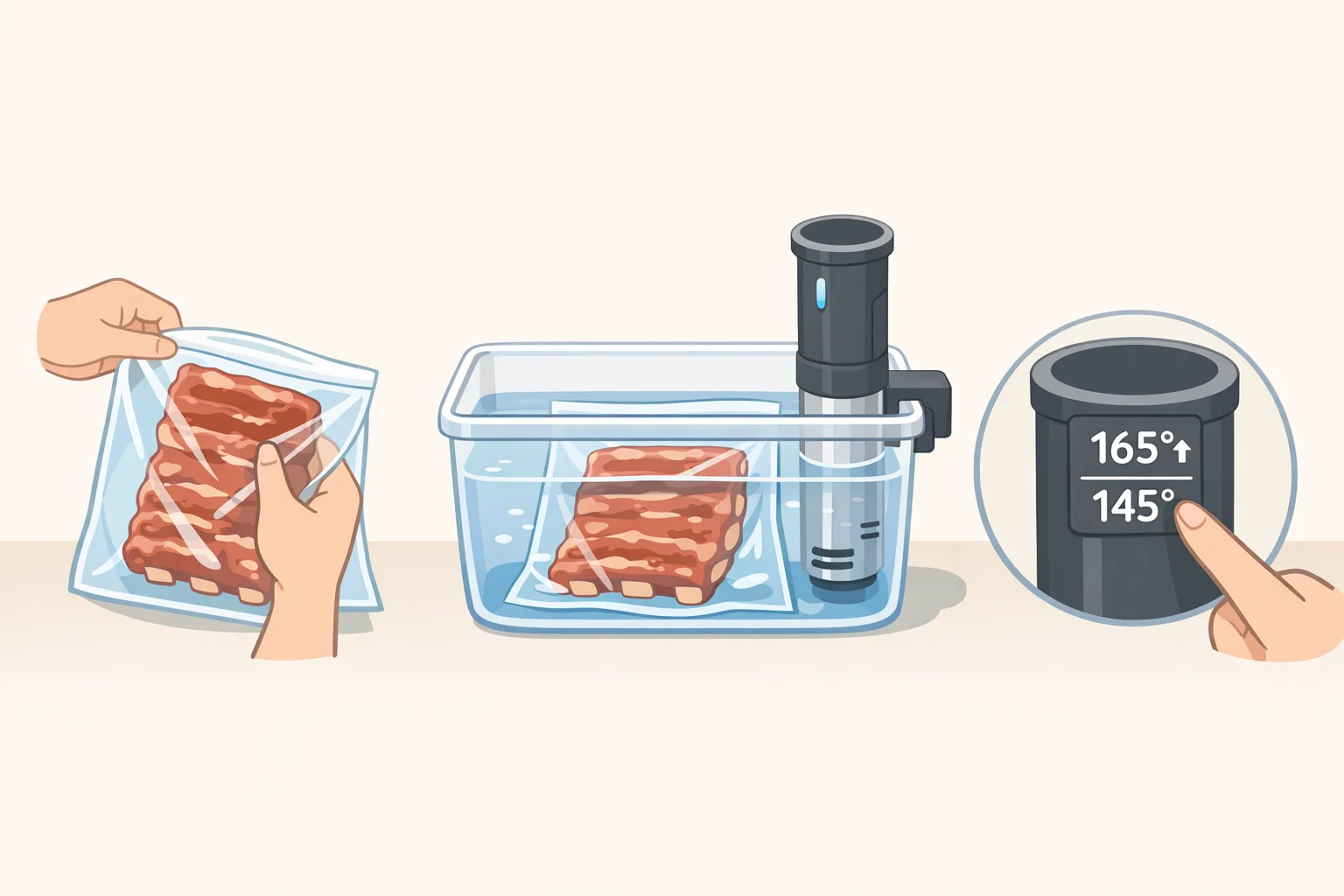 Sous vide water bath with sealed rib bags submerged, with temperature targets shown for 145°F for extra-meaty ribs and 165°F for shreddier barbecue texture