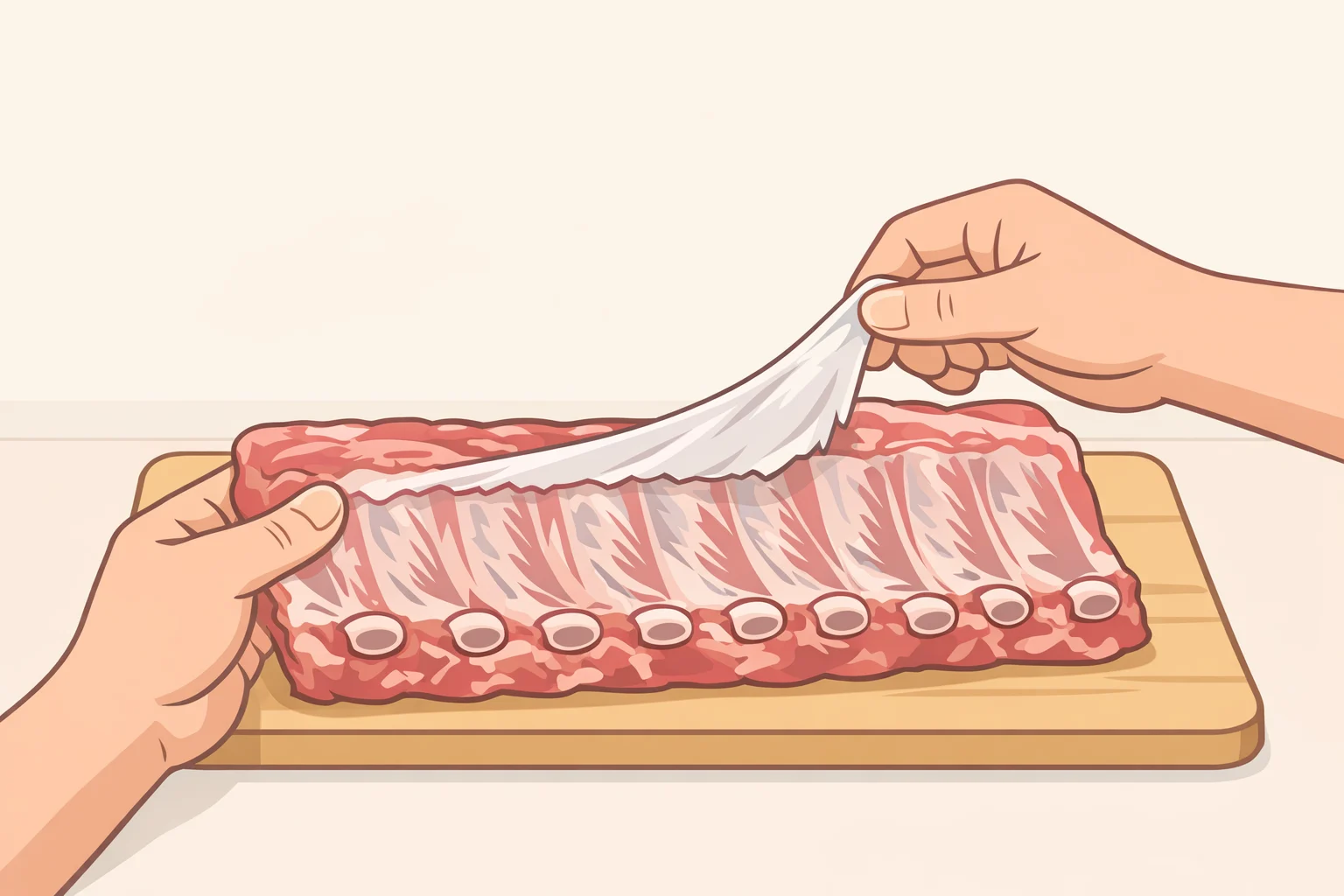 Hand pulling the thin membrane from the bone side of a pork rack using a knife tip and paper towel for better tenderness when learning how to cook fall-off-the-bone ribs