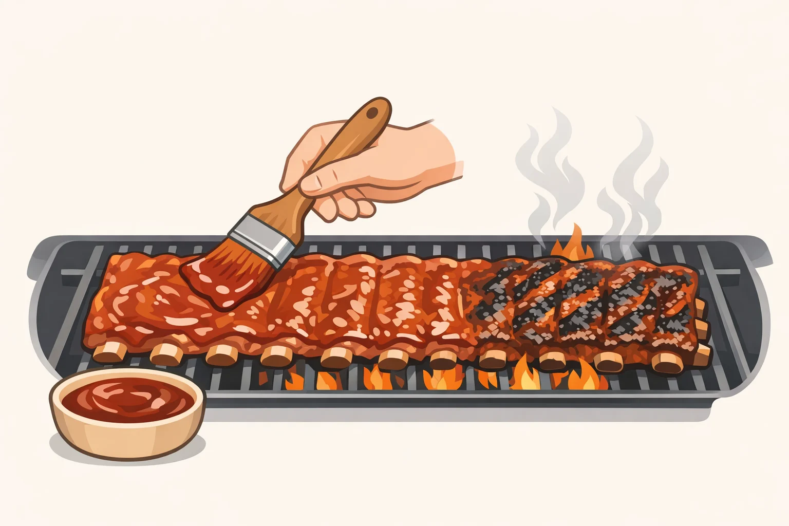 Close-up of oven-braised ribs brushed with guava or barbecue sauce and finished on a hot grill or broiler until lightly charred