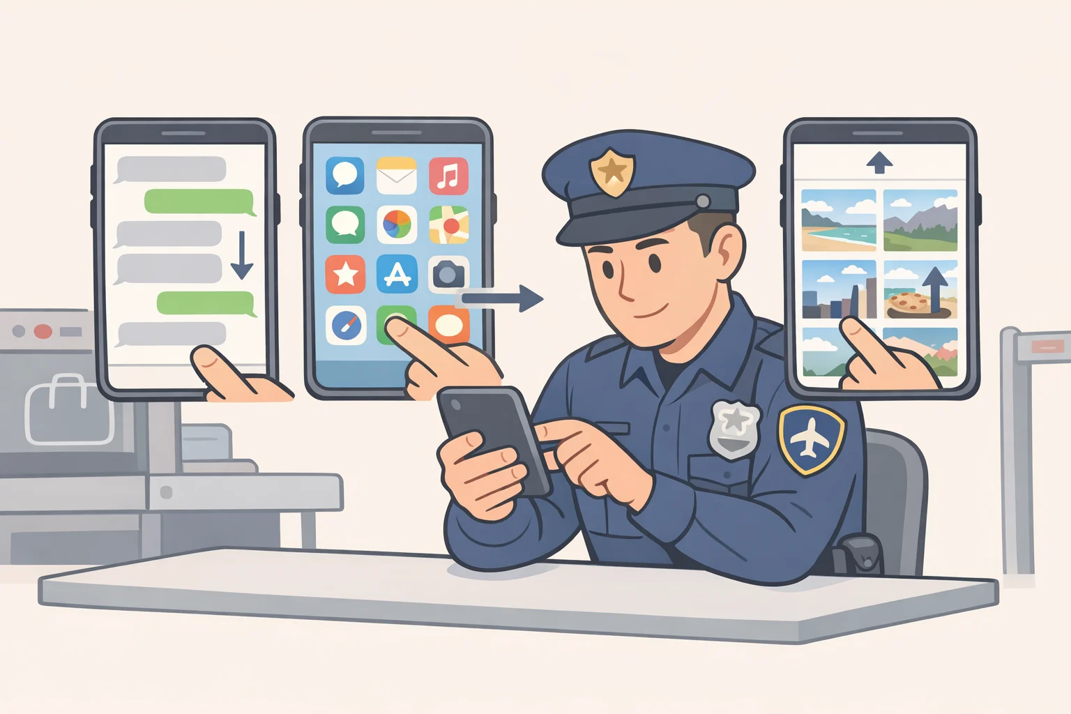 A border officer at an international airport manually scrolling through an unlocked phone's messages, photos, and apps, showing the kind of routine search that answers whether border agents can search your phone at the airport without a warrant
