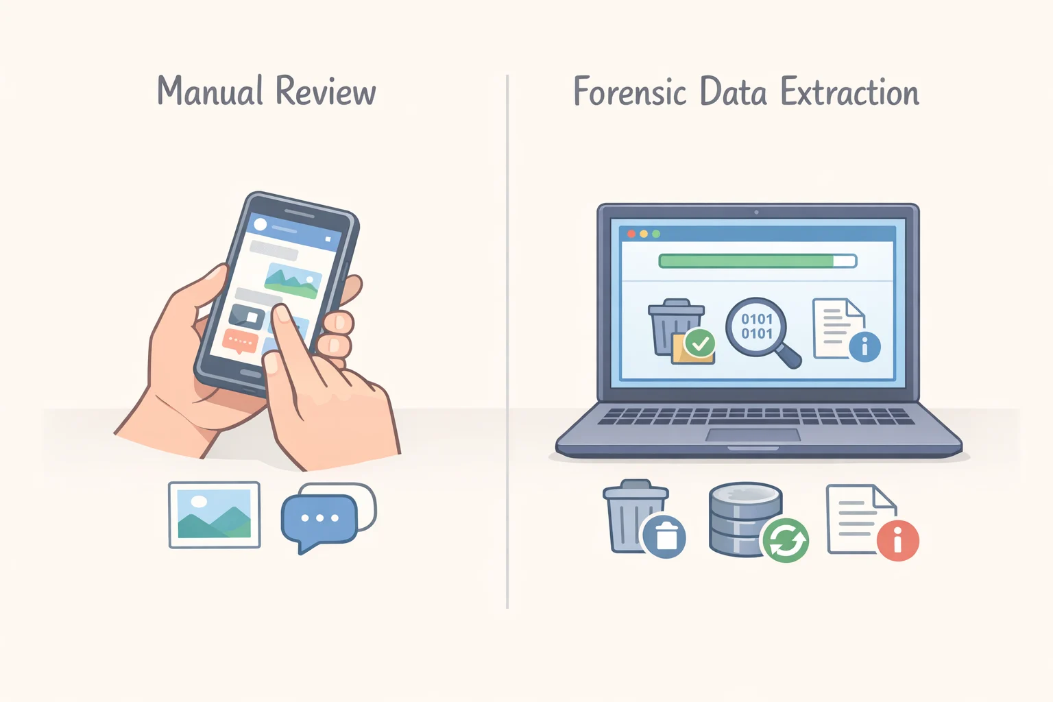 Diagram-style illustration contrasting manual phone browsing with forensic search software extracting deleted files, cached fragments, and metadata during an advanced border search