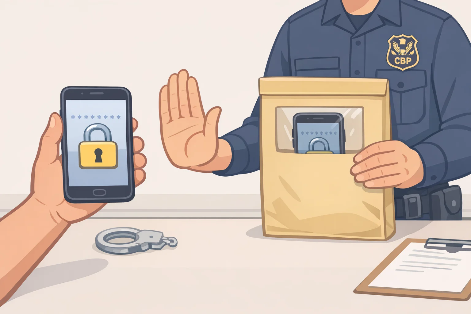 Illustration of a traveler's locked phone at a border checkpoint while the officer proceeds with detention or seizure options instead of immediate on-the-spot review