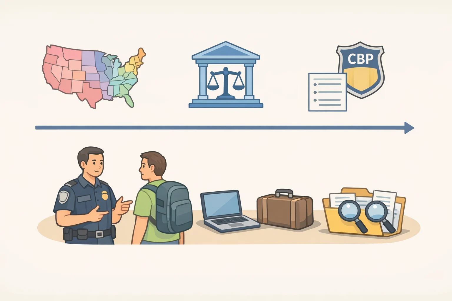 Flowchart-style illustration showing how border-search authority varies by legal circuit for duration, purpose, and forensic extraction, while CBP internal policy still constrains what officers can do