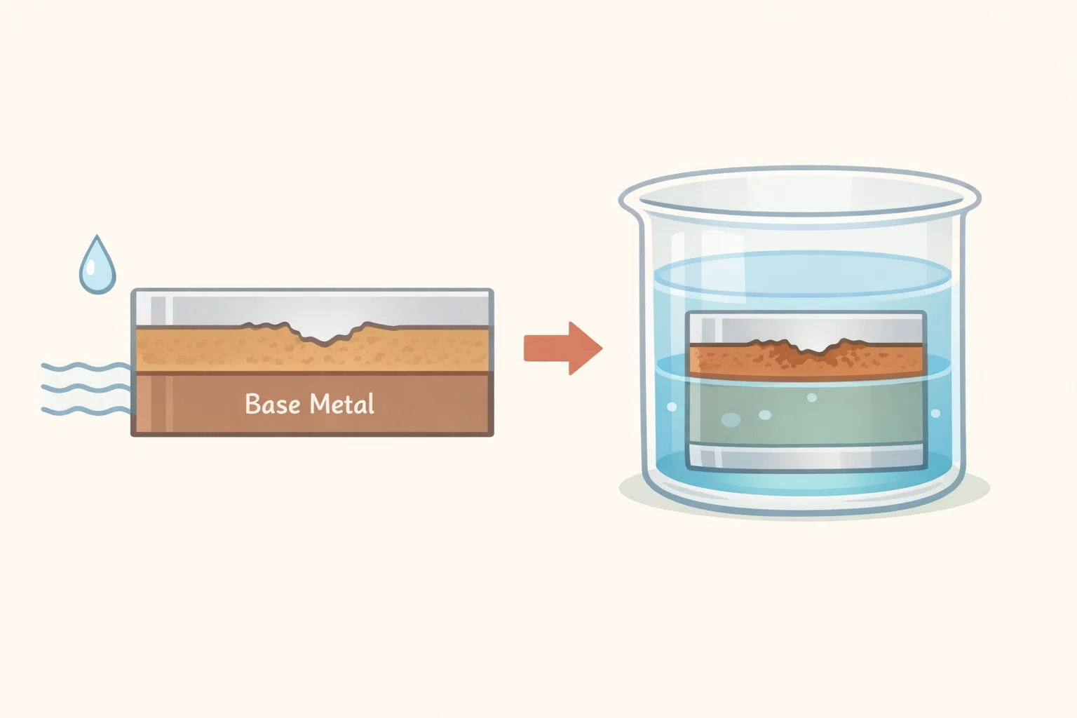Cross-sectional illustration comparing solid sterling versus plated silver, showing how an electrochemical foil bath can strip the thin silver layer and expose copper or brass underneath