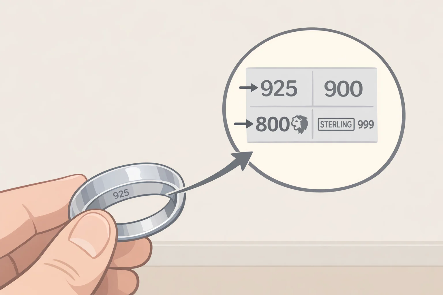 Close-up photo of silver hallmarks reading "925," "Sterling," and "900" to help you decide how to clean tarnished silver safely before using any method