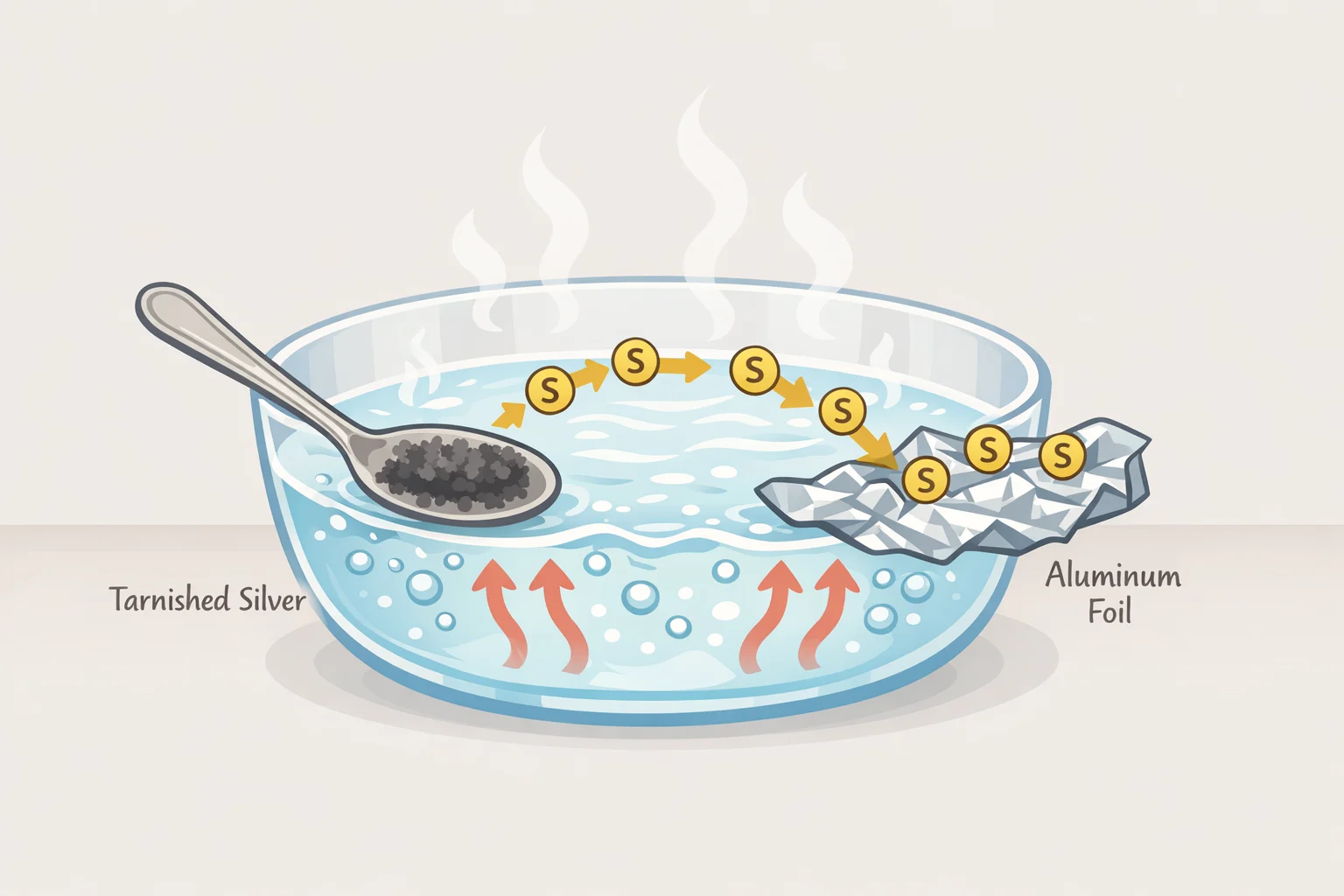 Diagram showing tarnished silver in a hot alkaline solution with aluminum foil acting as the anode, illustrating sulfur transfer and hydrogen sulfide byproduct