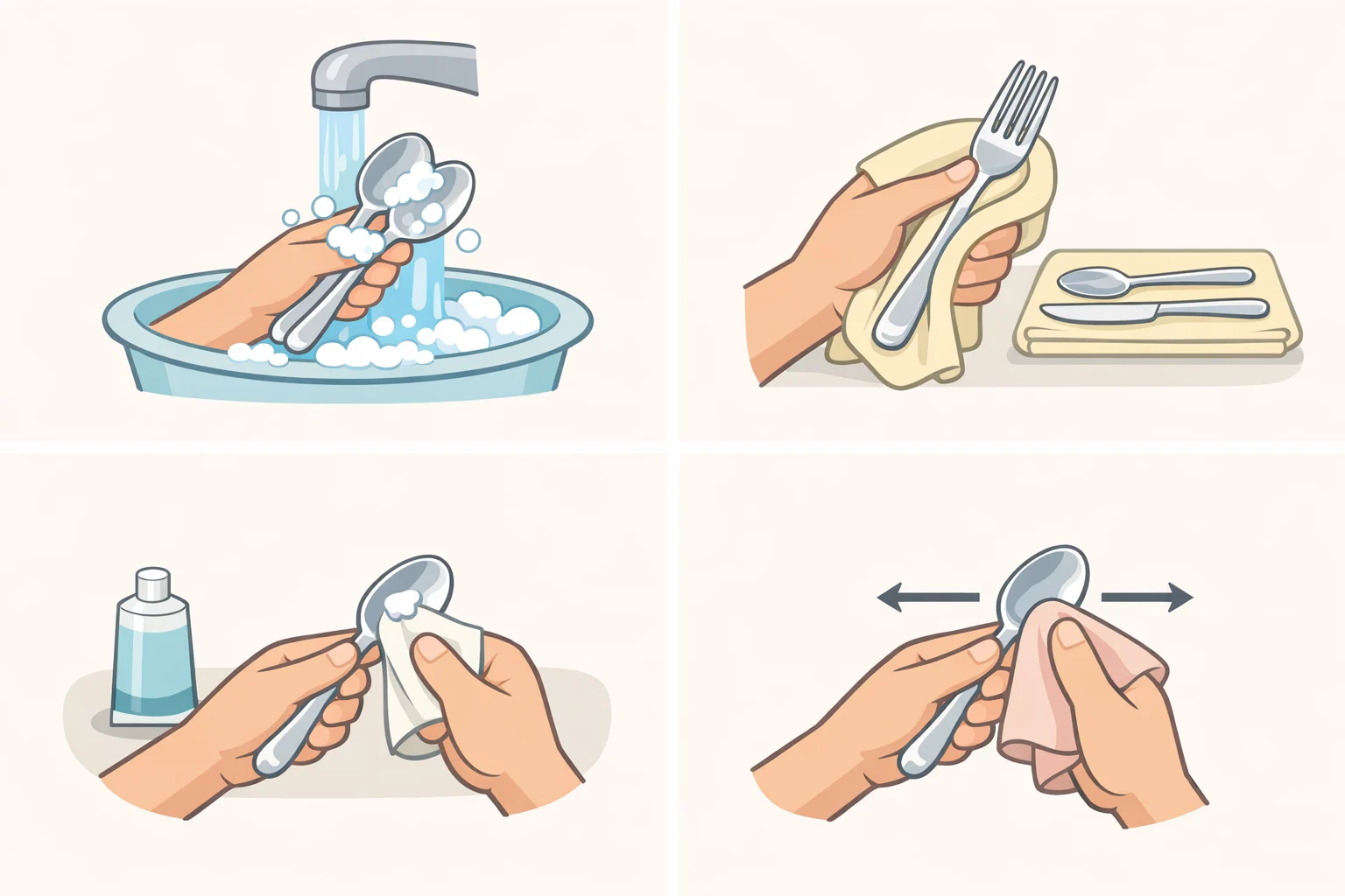 Illustration of a person washing sterling flatware with mild dish soap, drying with a soft cotton cloth, applying silver cream, and polishing sparingly in straight lines