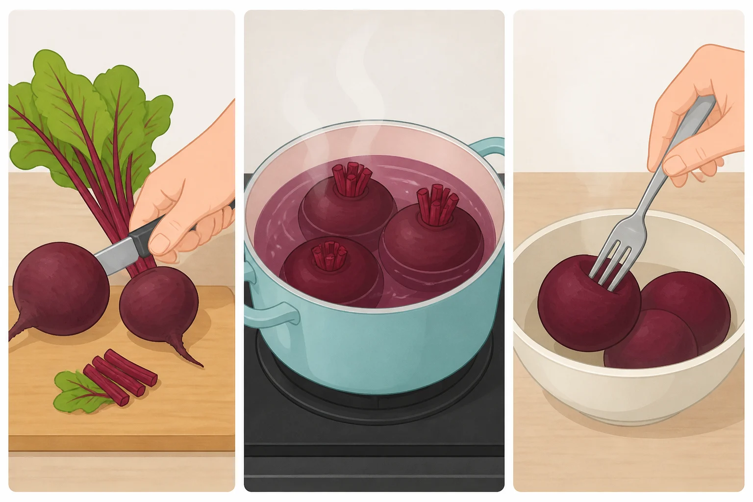 Cooked medium beets trimmed with about an inch of stem and root and boiled to fork-tender for quick pickled beets without canning