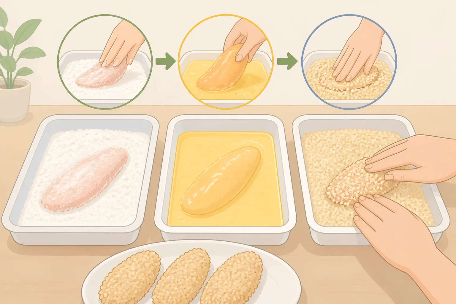 Chicken tender being coated in flour, dipped in beaten egg, then pressed into panko crumbs at a three-stage breading station
