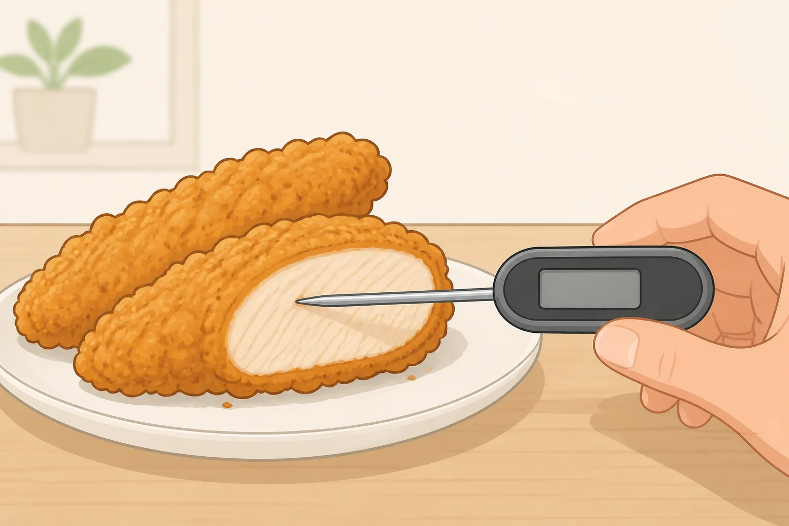 Instant-read thermometer inserted from the side into the thickest chicken tender to confirm doneness at 165°F without cracking the breading