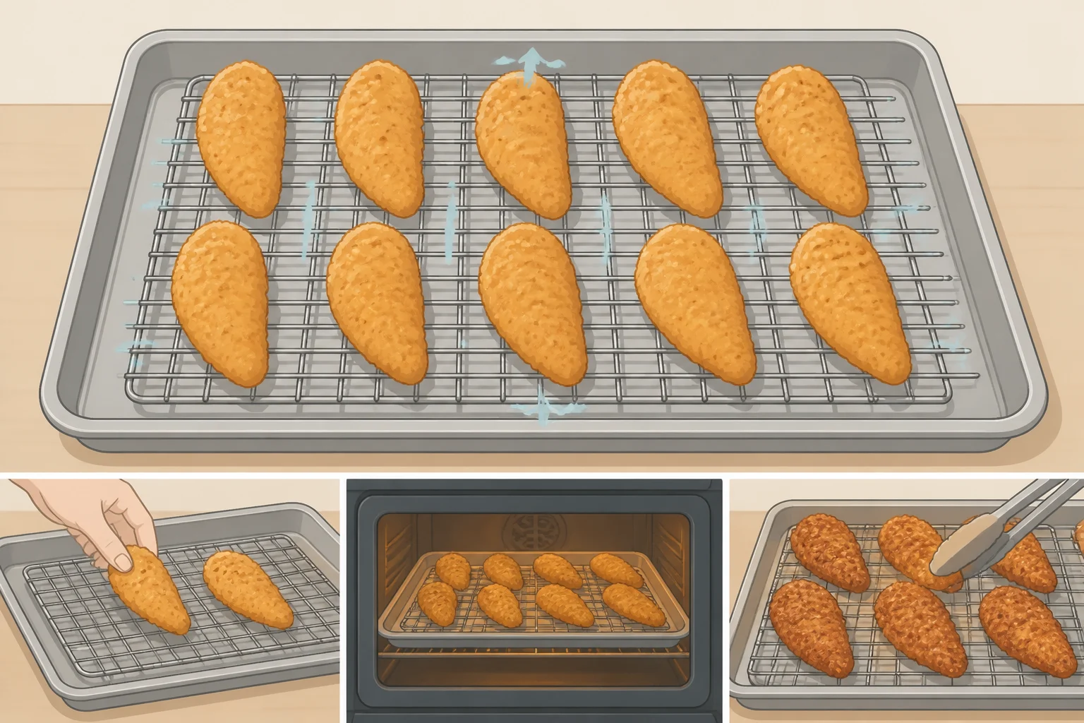 Oven tray with breaded chicken tenders arranged on a wire rack with space between pieces at 400°F for crisp, non-steamed crust