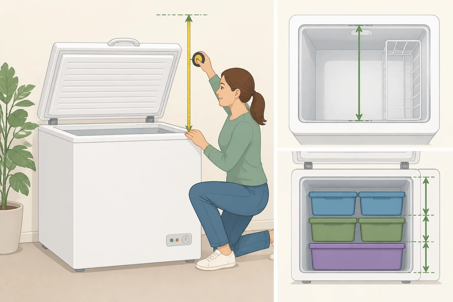 Illustration of a person measuring a chest freezer’s usable interior footprint and lid clearance for how to organize a chest freezer with stackable bins
