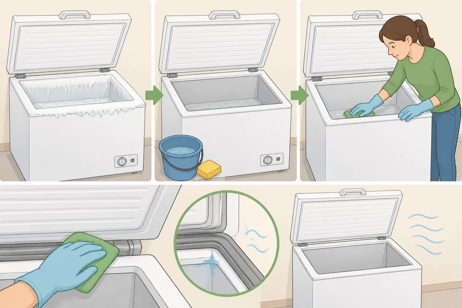 Illustration of a chest freezer being defrosted and cleaned, with the lid gasket wiped and the lid propped open to air-dry before loading bins