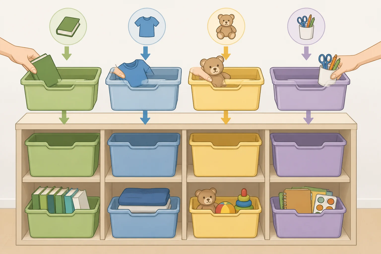 Illustration of four columns of two stacked bins showing top (high-use) and bottom (low-use) zones for an organized chest freezer layout