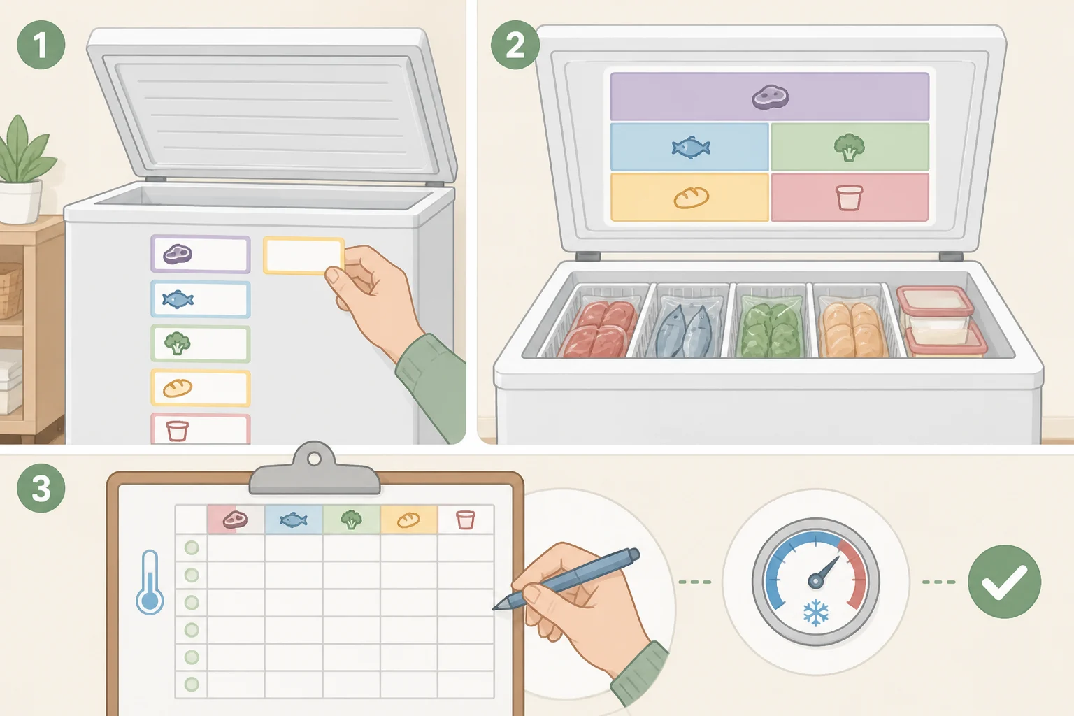 Illustration of labeled freezer packages and a laminated lid map plus temperature log aligned to the zone letters and top/bottom categories
