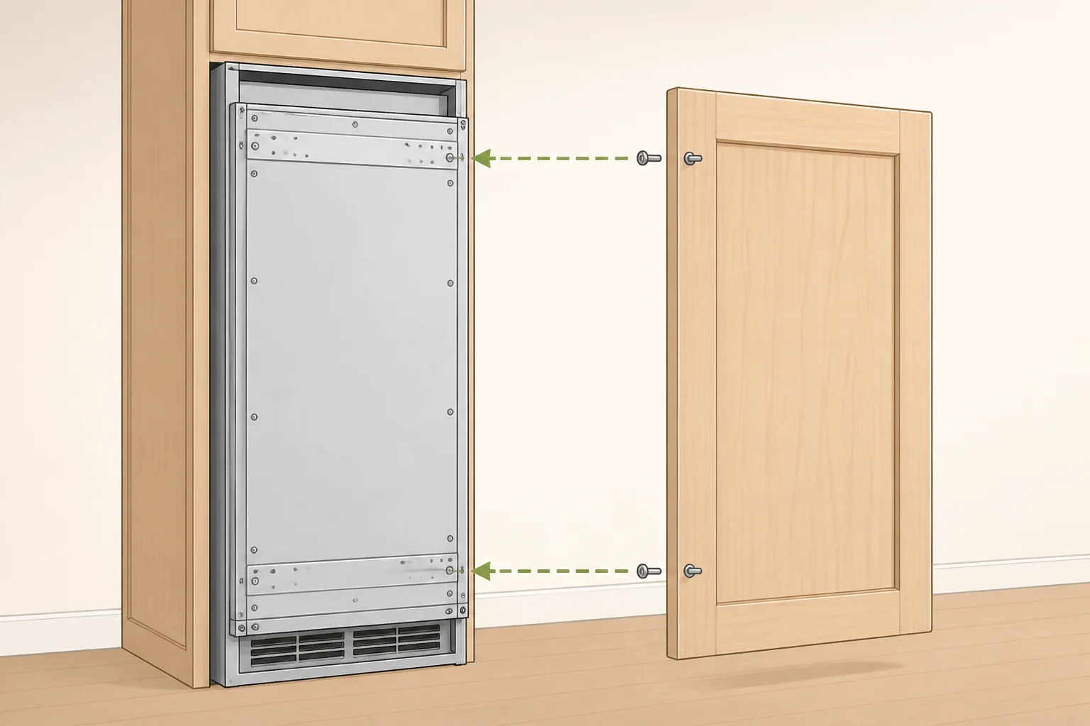 Panel-ready refrigerator components showing an unfinished front, rated hinges, and a separate decorative cover panelanswering what does panel-ready refrigerator mean in terms of engineering compatibility