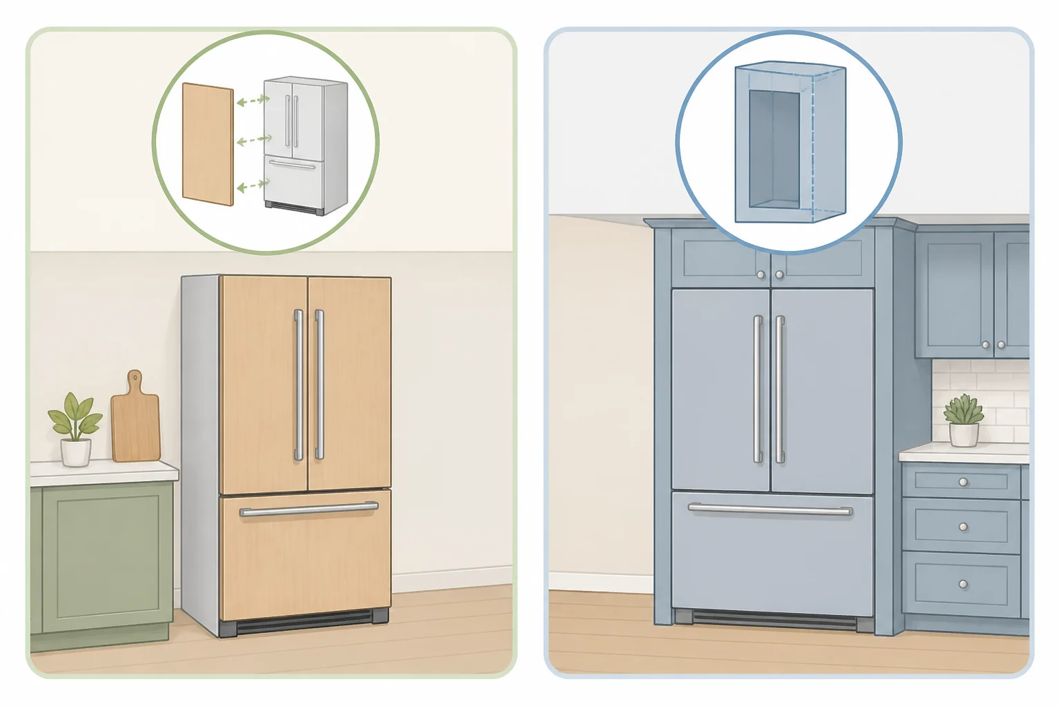 Diagram comparing panel-ready compatibility (custom cover panel fit) versus built-in placement (fixed cabinet opening) including related distinctions like counter-depth and flush inset
