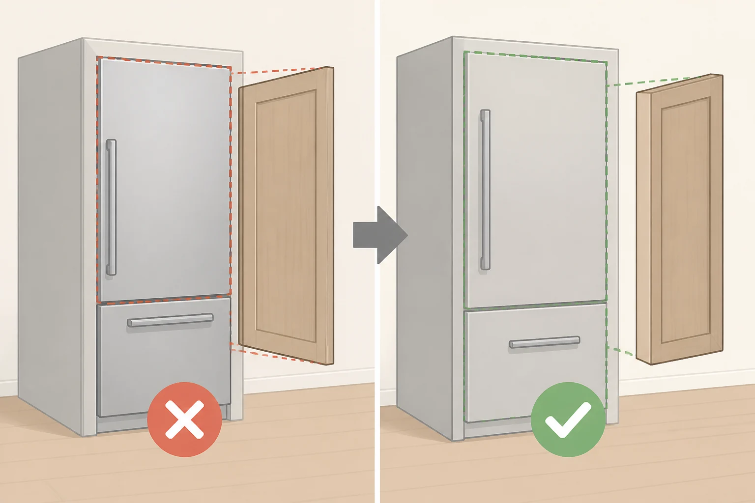 Side-by-side view of an older panel-ready refrigerator model and a newer replacement with different dimensions, illustrating how saved panels and templates may not fit after 15–25 years