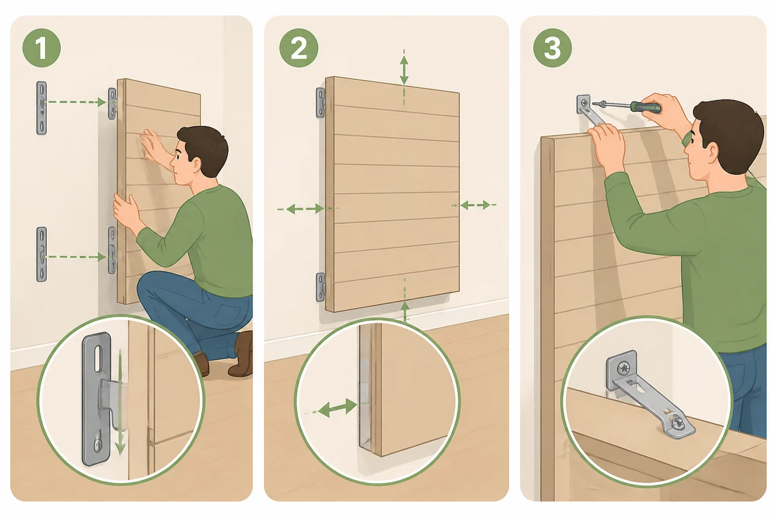 Illustration of an installer dry-fitting a panel-ready refrigerator, squaring hinge alignment, leveling the bracket system, and securing anti-tip brackets to adjacent cabinetry