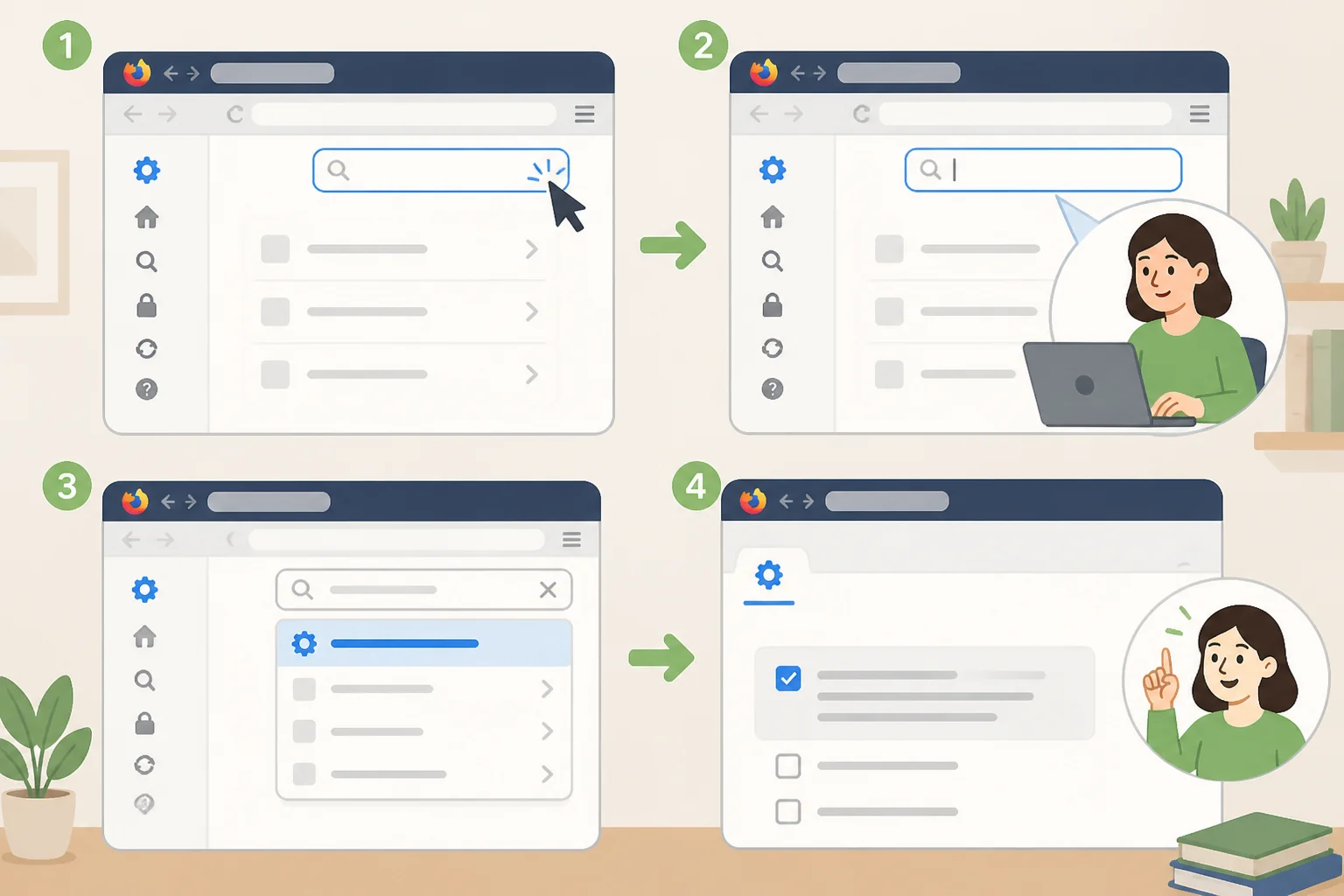 Illustration of the Firefox Settings search bar finding a moved preference and showing its new location in Appearance, Accessibility, Languages, or Tabs and browsing—helpful for how to enable Firefox's new redesign