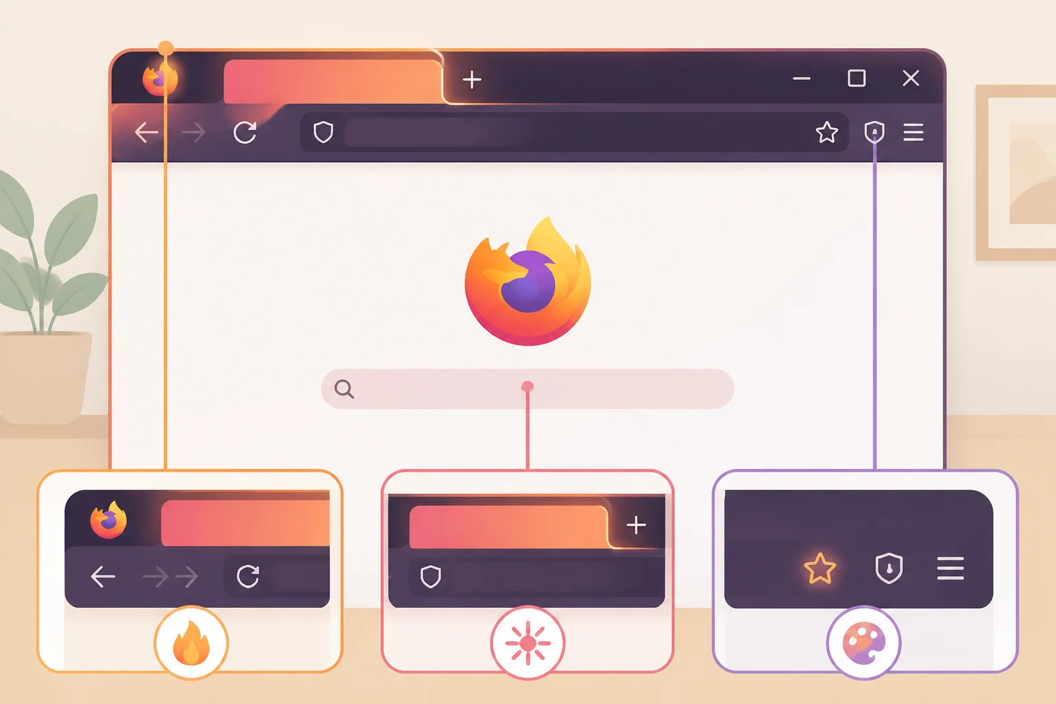 Illustration of Project Nova UI elements—fire-inspired color palette, glow around the active tab, and refreshed themes and wallpapers—shown alongside the separate Settings reorganization in Firefox 152