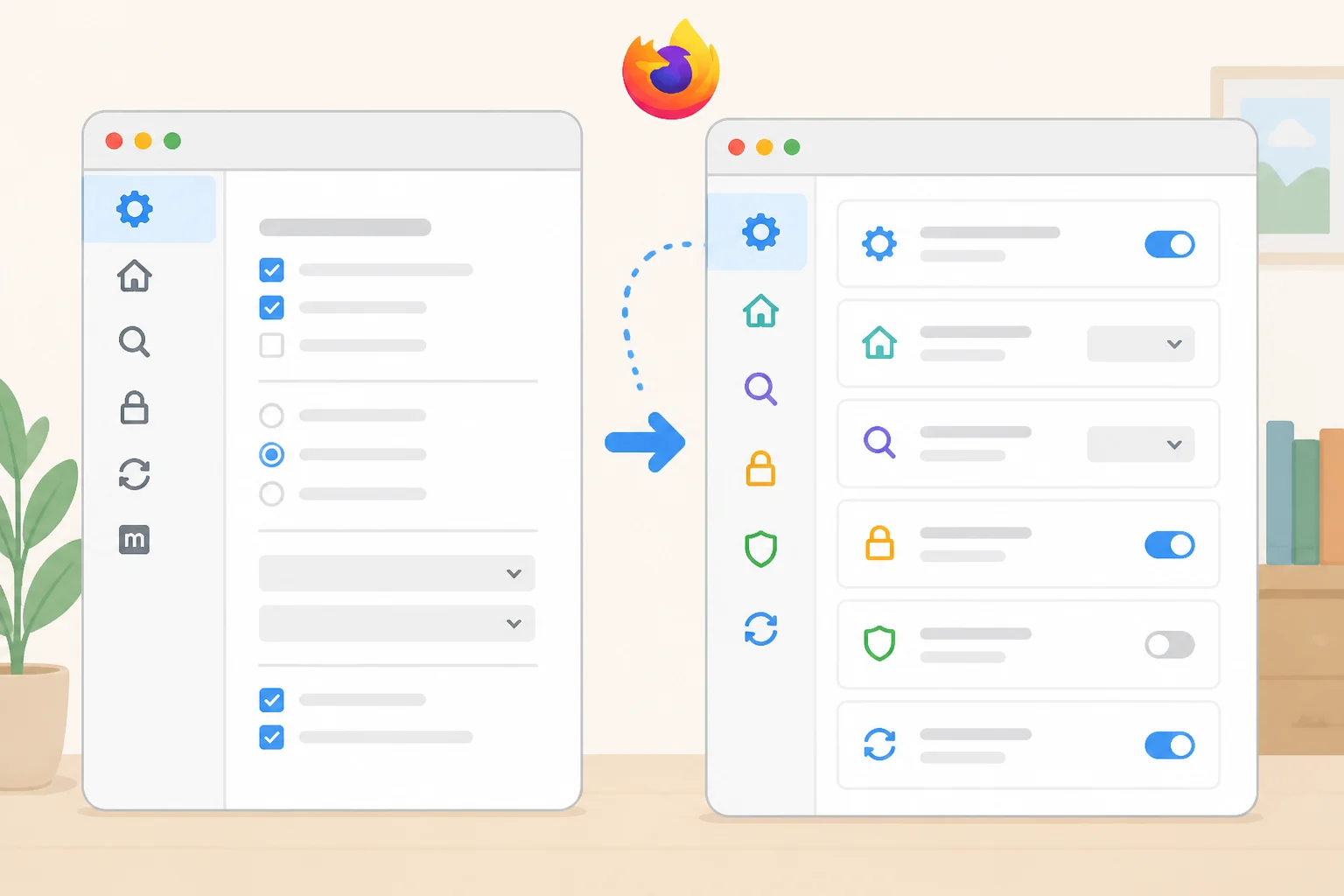 Illustration comparing Firefox 152 Settings before and after the General page retirement, showing General replaced by Appearance, Accessibility, Languages, and Tabs and browsing