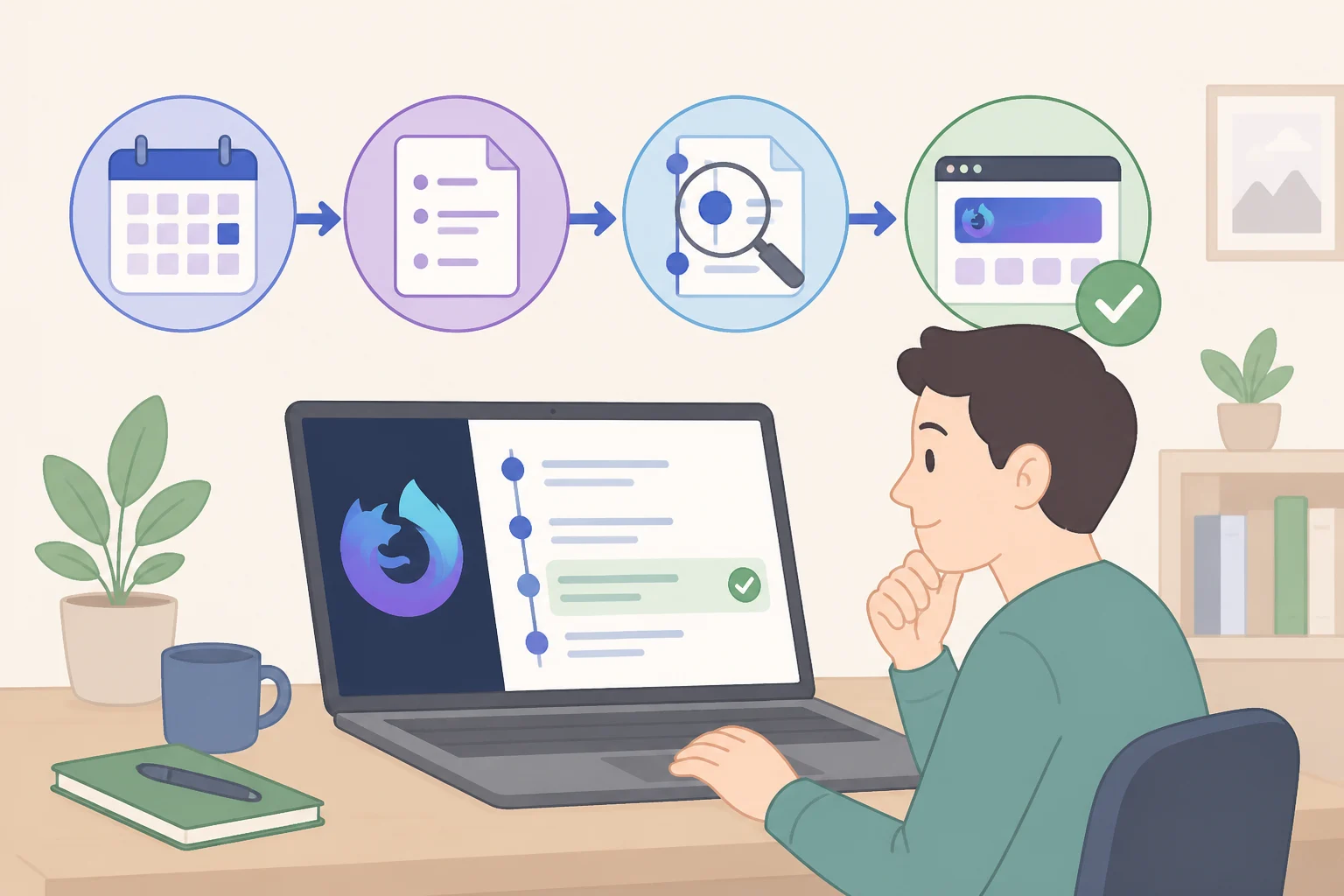 Illustration of a calendar-style timeline from March testing to May default Nightly, plus a screenshot mock-up of Nightly release notes confirming current redesigned Settings availability