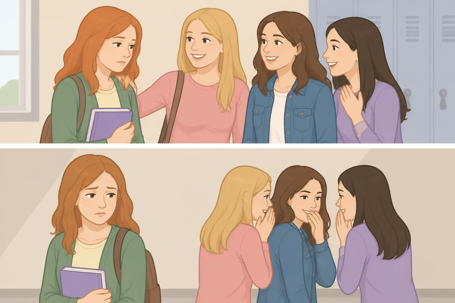 Illustration of classmates approaching Carrie with friendly faces that later suggest a deception and turn against her