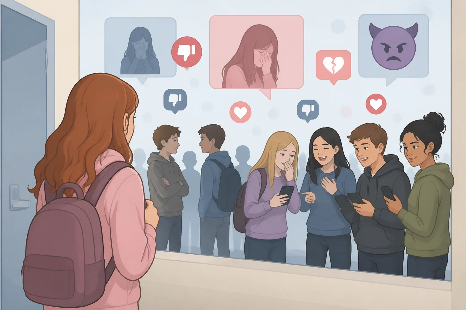 Illustration of Carrie White in a public high school setting as viral bullying and internet cruelty amplify conflict