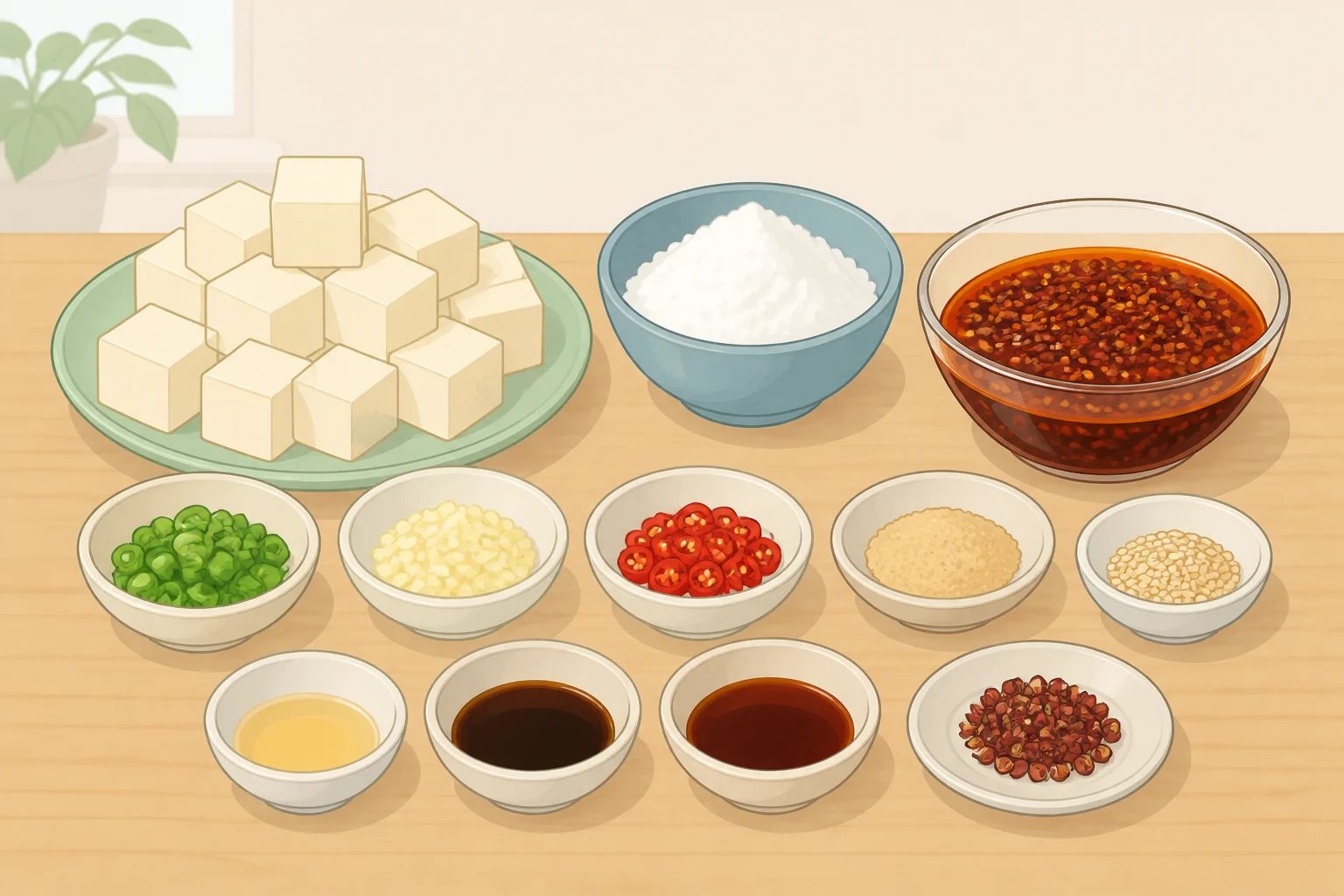Ingredients for a chili crisp crispy tofu recipe: extra-firm tofu cubes, cornstarch for coating, chili crisp, soy sauce or tamari, rice vinegar, and neutral oil for shallow frying