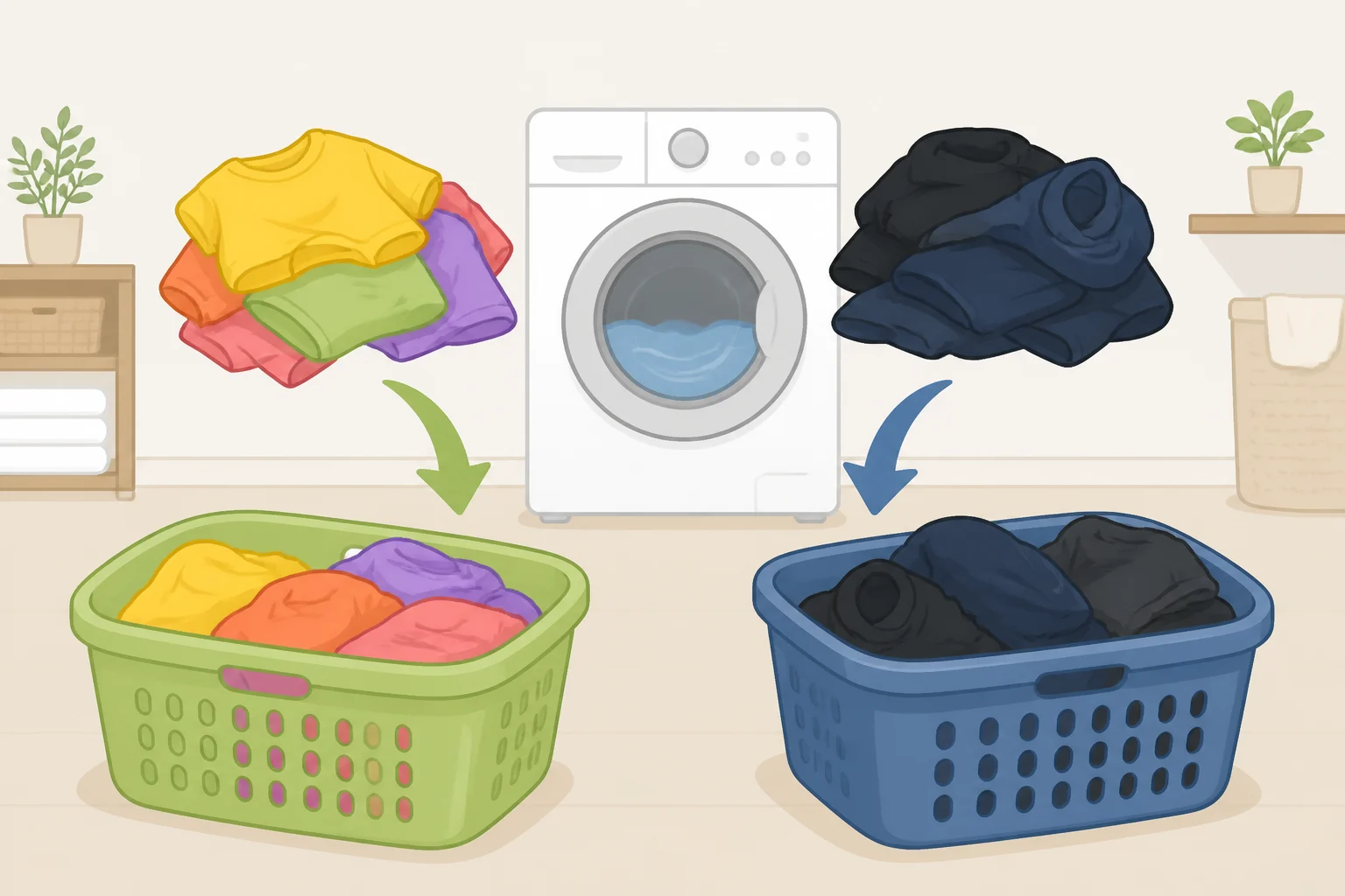 Sorted laundry showing bright colors washed separately from whites and dark garments washed in cold to reduce dye bleed and fading
