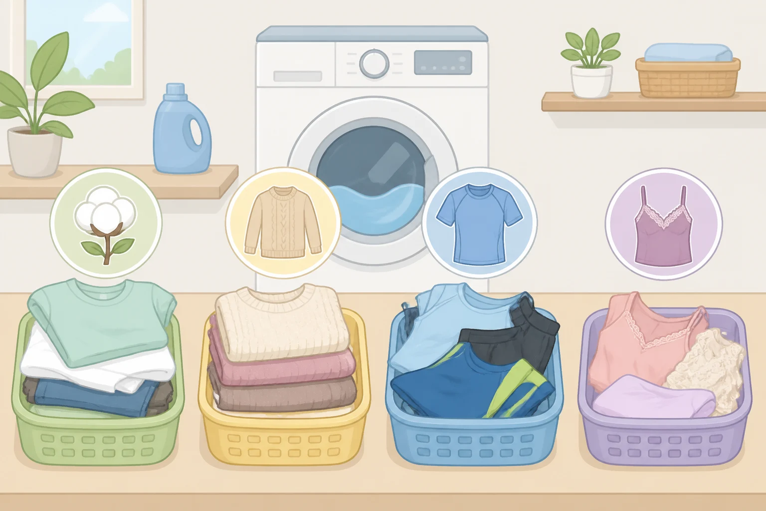 Clothing items labeled for cold washingcotton tees, inside-out jeans, wool and silk sweaters, and linen shirtsgrouped to prevent shrinkage and fading