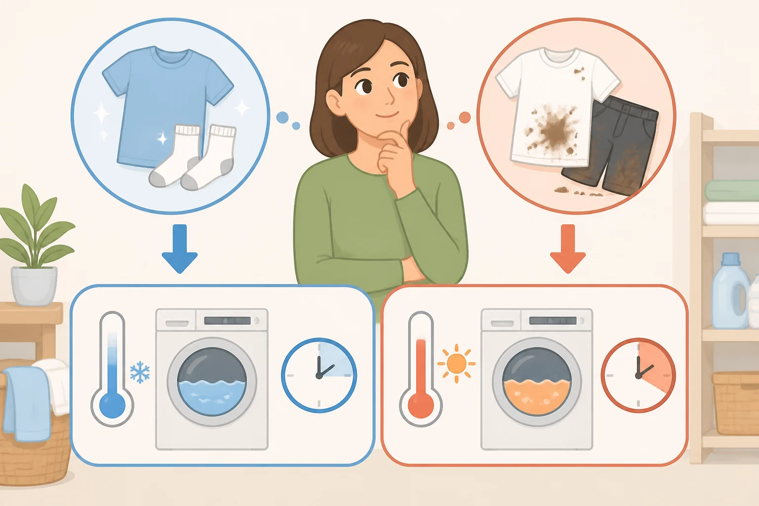 A decision guide for laundrycare label check, soil level assessment, and hygiene overrideshowing when cold water is replaced by a warmer wash and activated oxygen bleach for certain contaminated loads