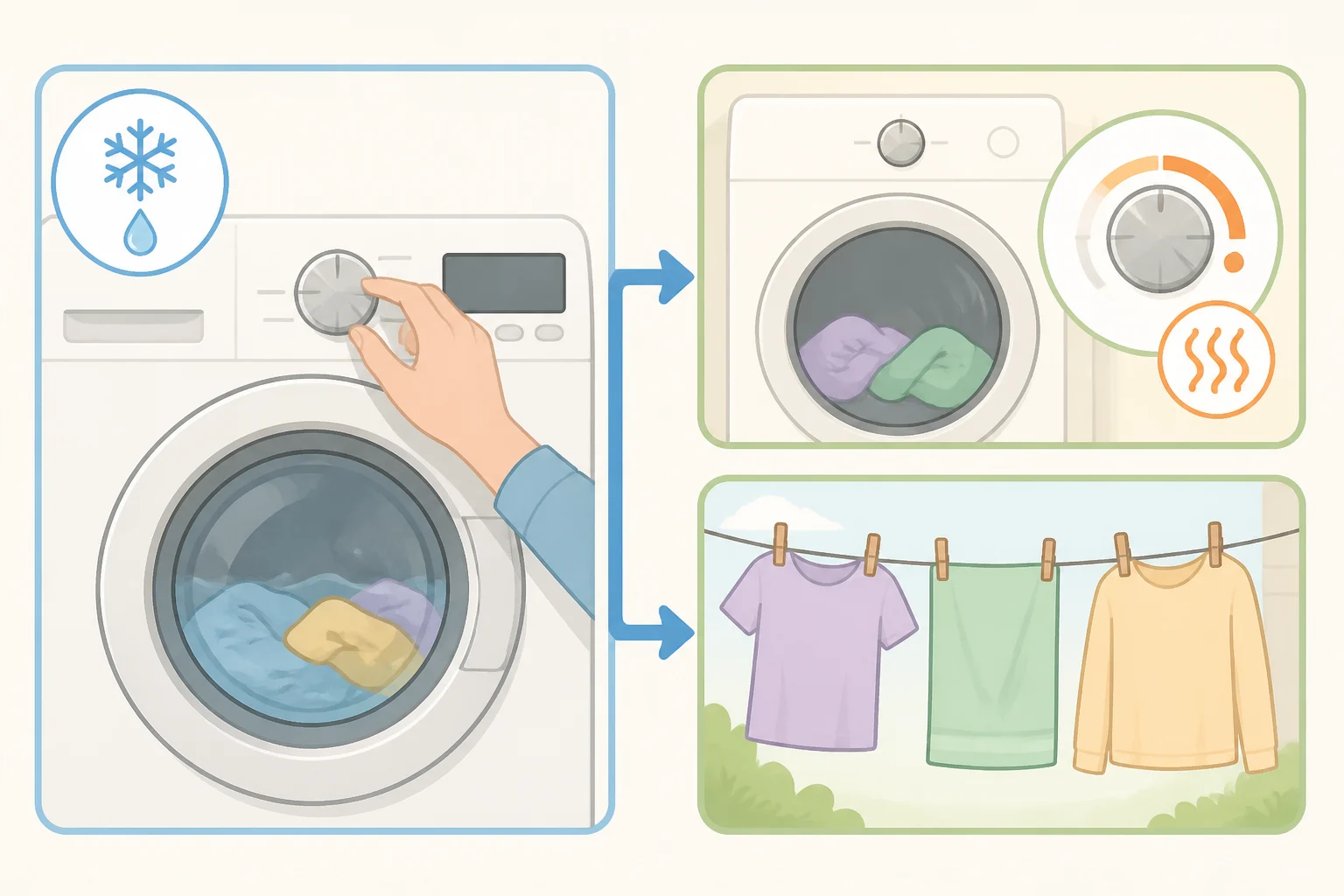 Washer and dryer controls set for cold-water washing and low-heat tumble or line drying to help protect cotton, denim, wool, linen, and silk; includes reminder about things to wash in cold water for best results