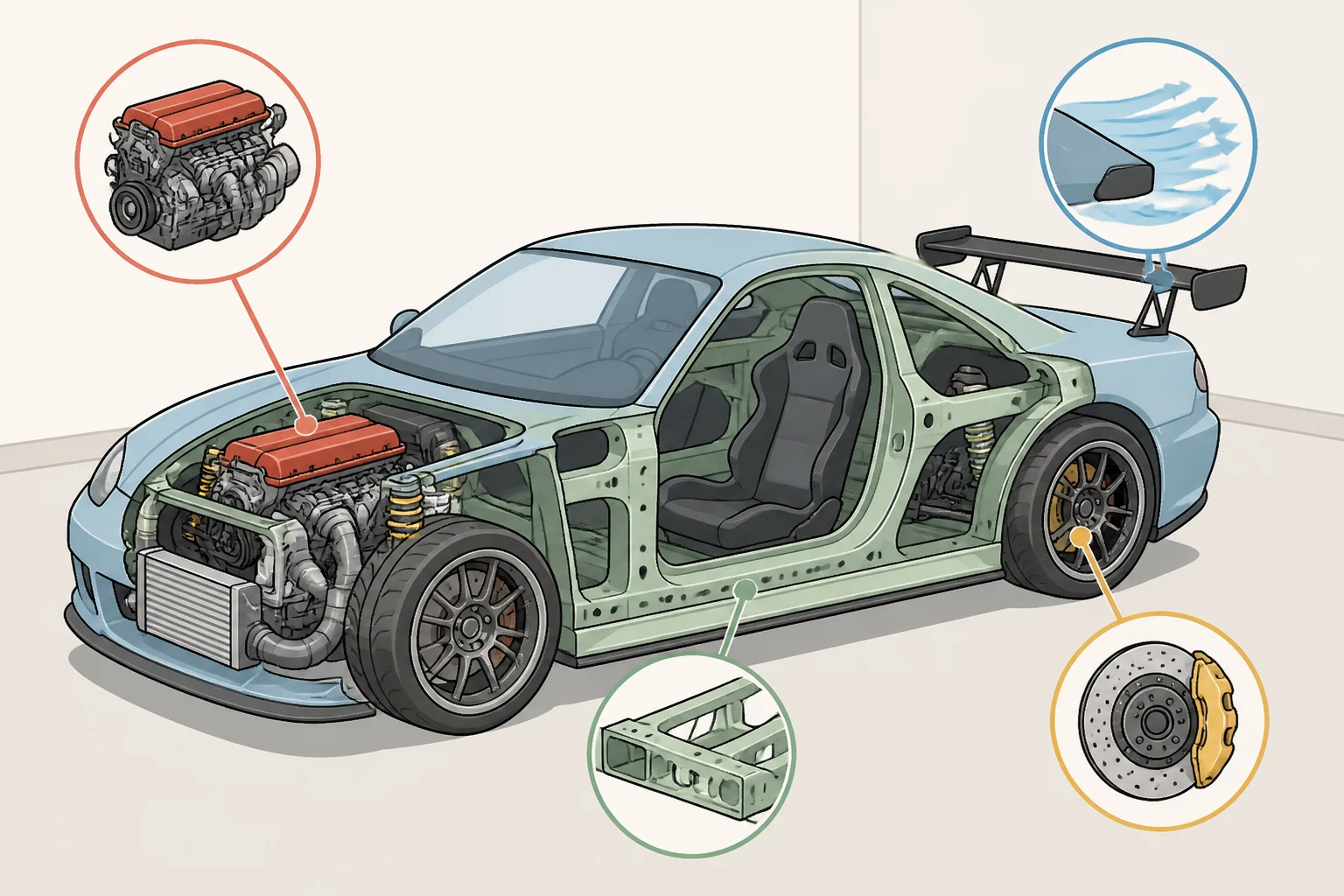 Labeled infographic of the Buell 1125R showing the liquid-cooled Helicon V-twin, mass-centralized chassis packaging, aerodynamic front fairing and radiator cowling, and an eight-piston front brake