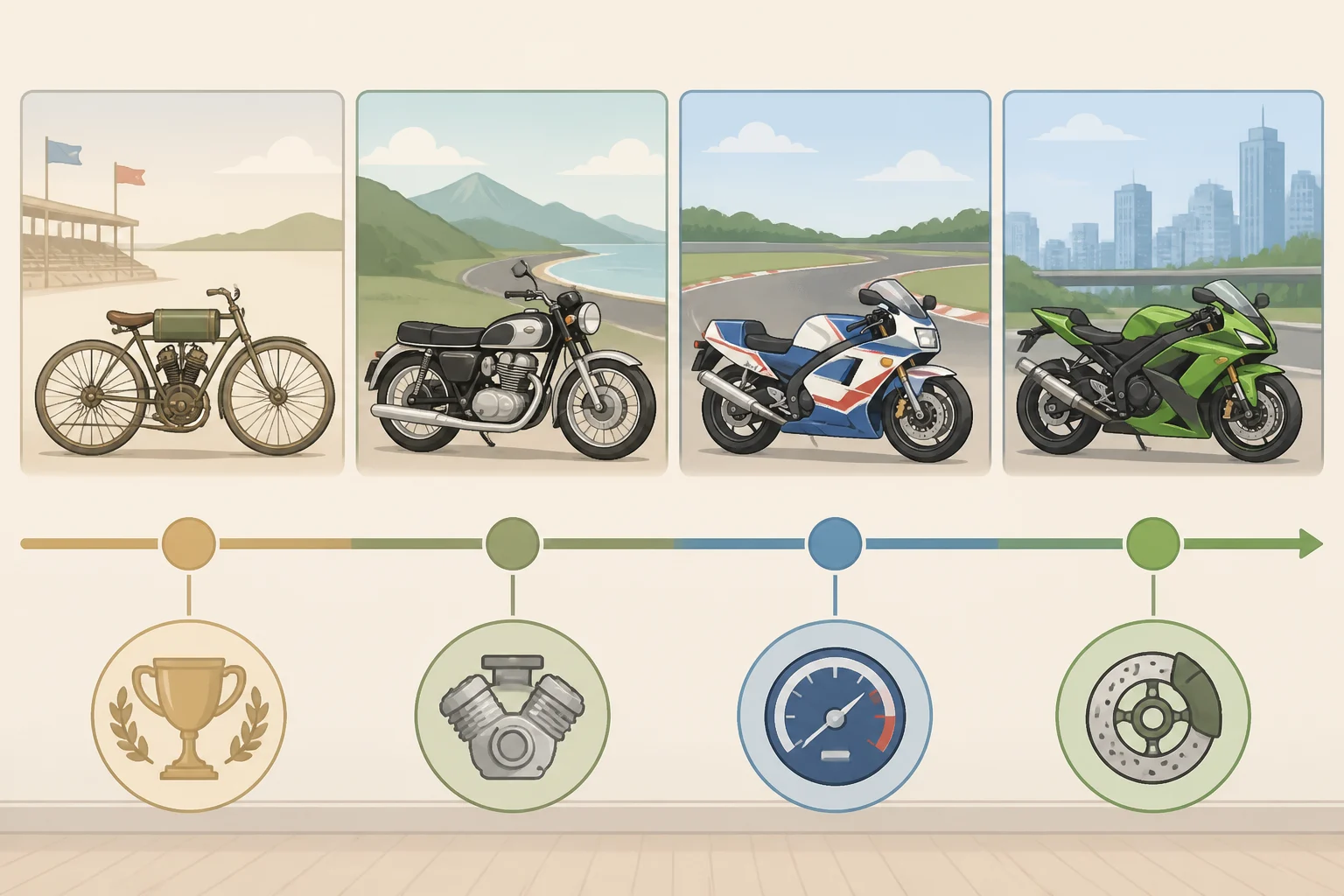 Timeline illustration connecting Glenn Curtiss’s 1907 Ormond Beach speed record to the 1984 Japanese sport-bike era and the 2007 Buell 1125R launch