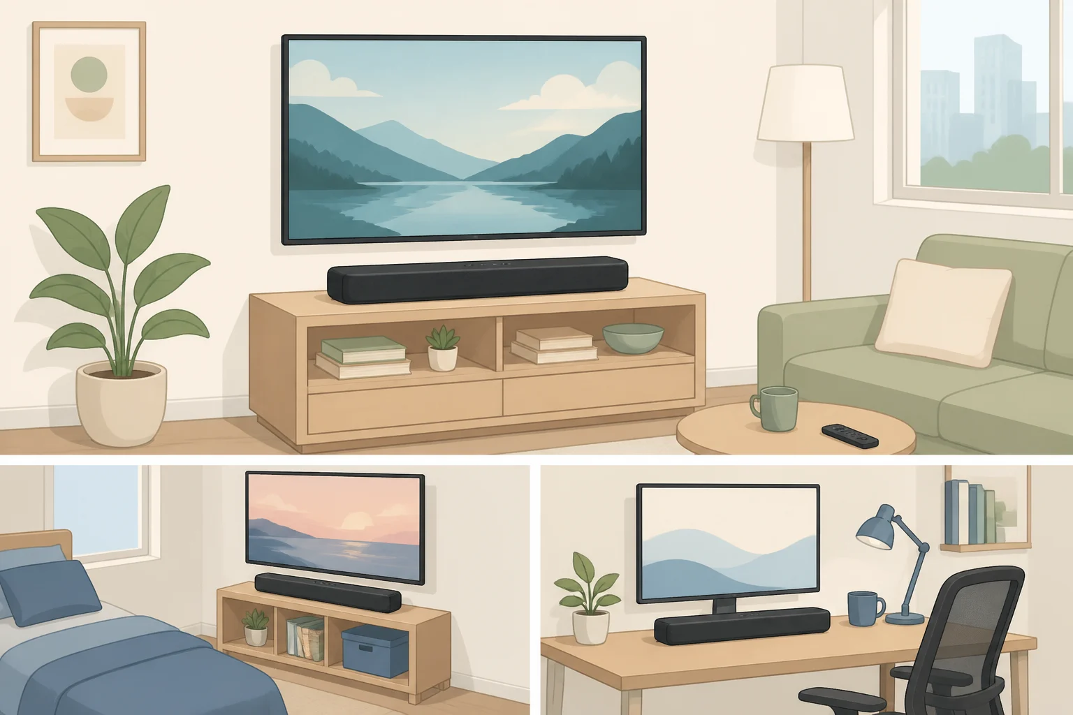 Photo-style illustration of the Yamaha B200A Dolby Atmos soundbar installed under a desk in a small home office, emphasizing its compact 23.5-inch width