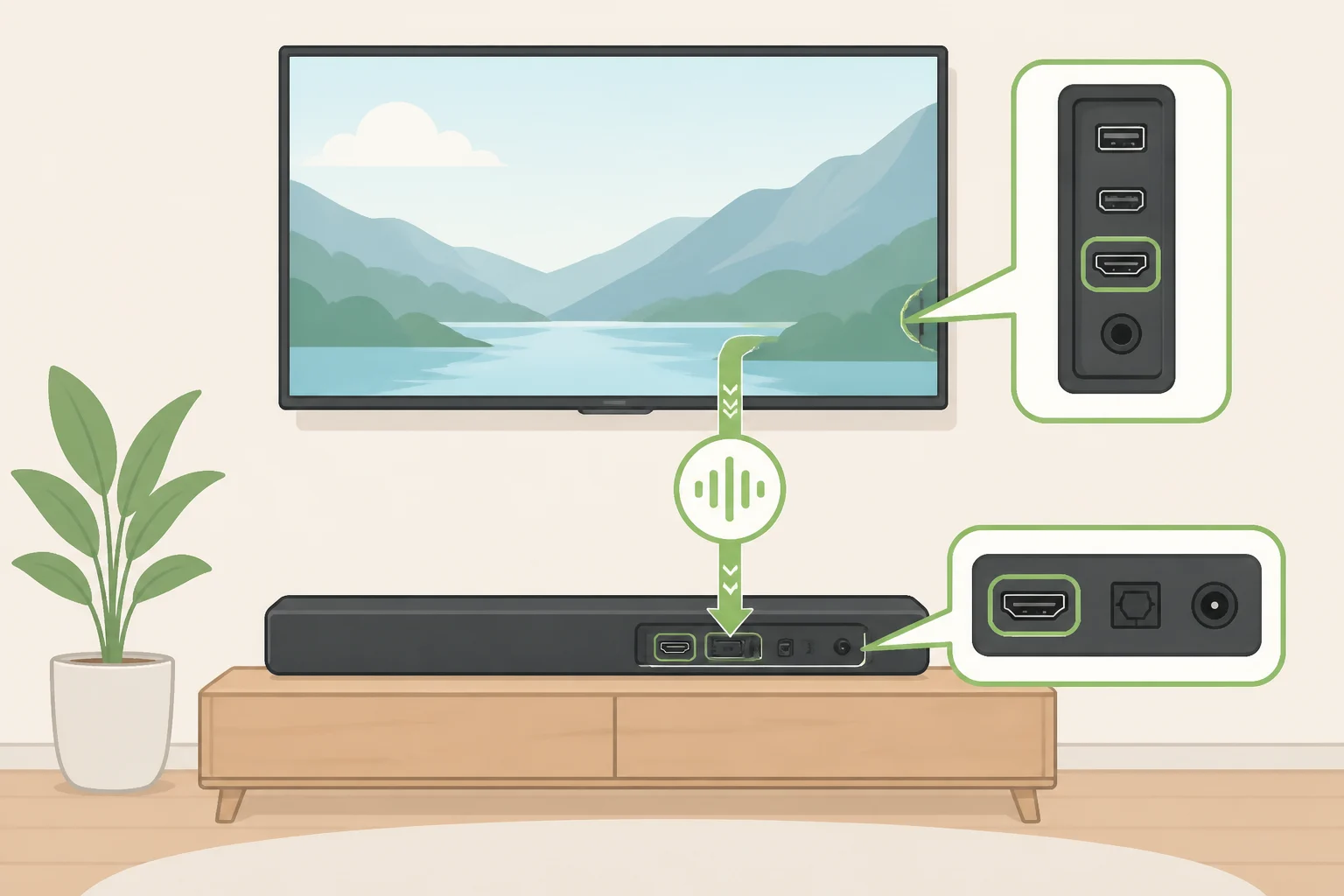 Illustration of a wall-mounted TV with HDMI eARC/ARC sending audio to the Yamaha B200A, plus optional connections for a gaming monitor