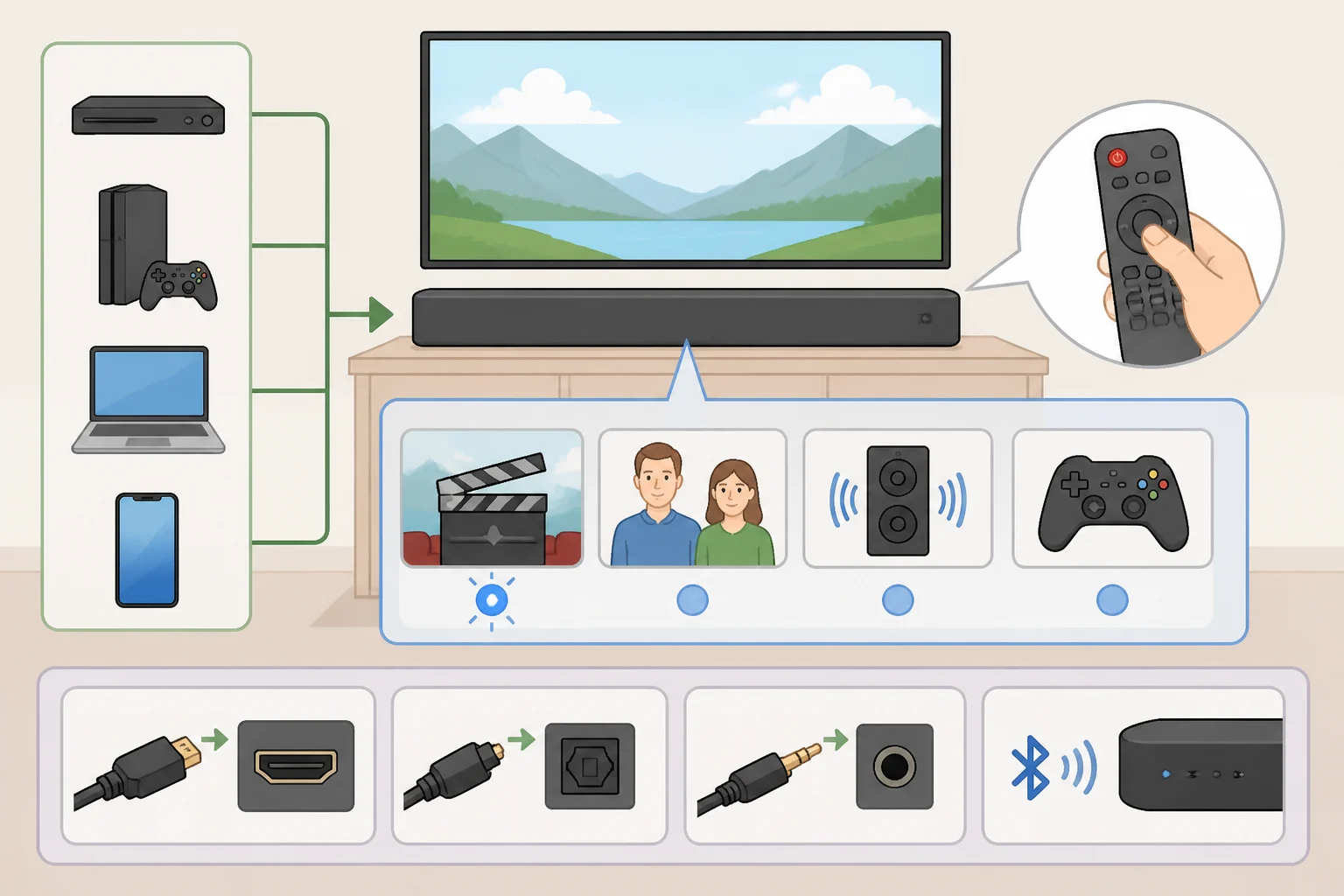Infographic-style illustration of the B200A showing Bass Extension and Clear Voice controls, preset modes (Movie/Standard/Stereo/Game), and input options like HDMI eARC/ARC, optical, AUX, and Bluetooth