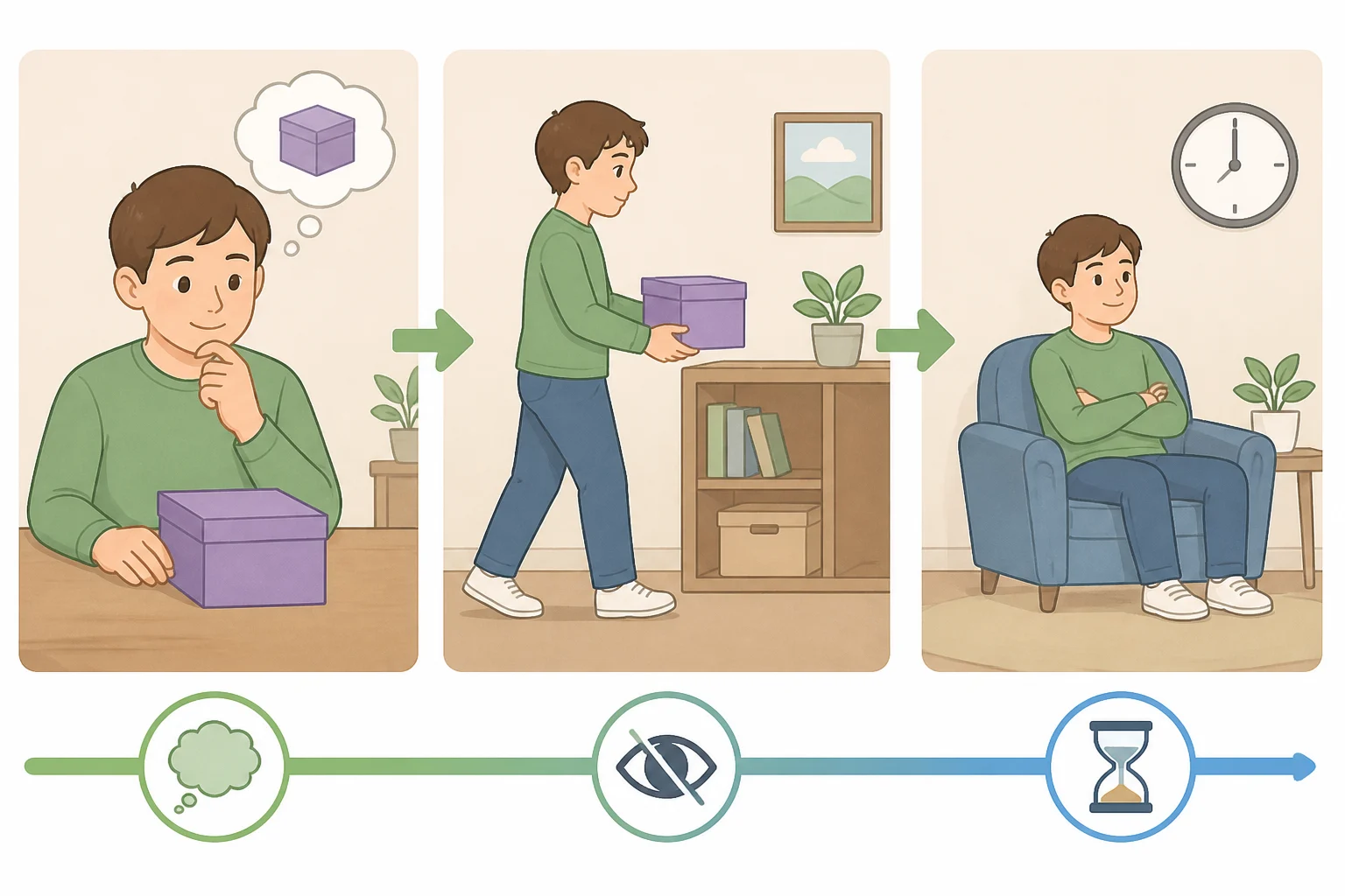 A staged timeline showing a sealed decluttering box pushed into storage while days pass, emphasizing evidence-based decisions instead of snap judgments