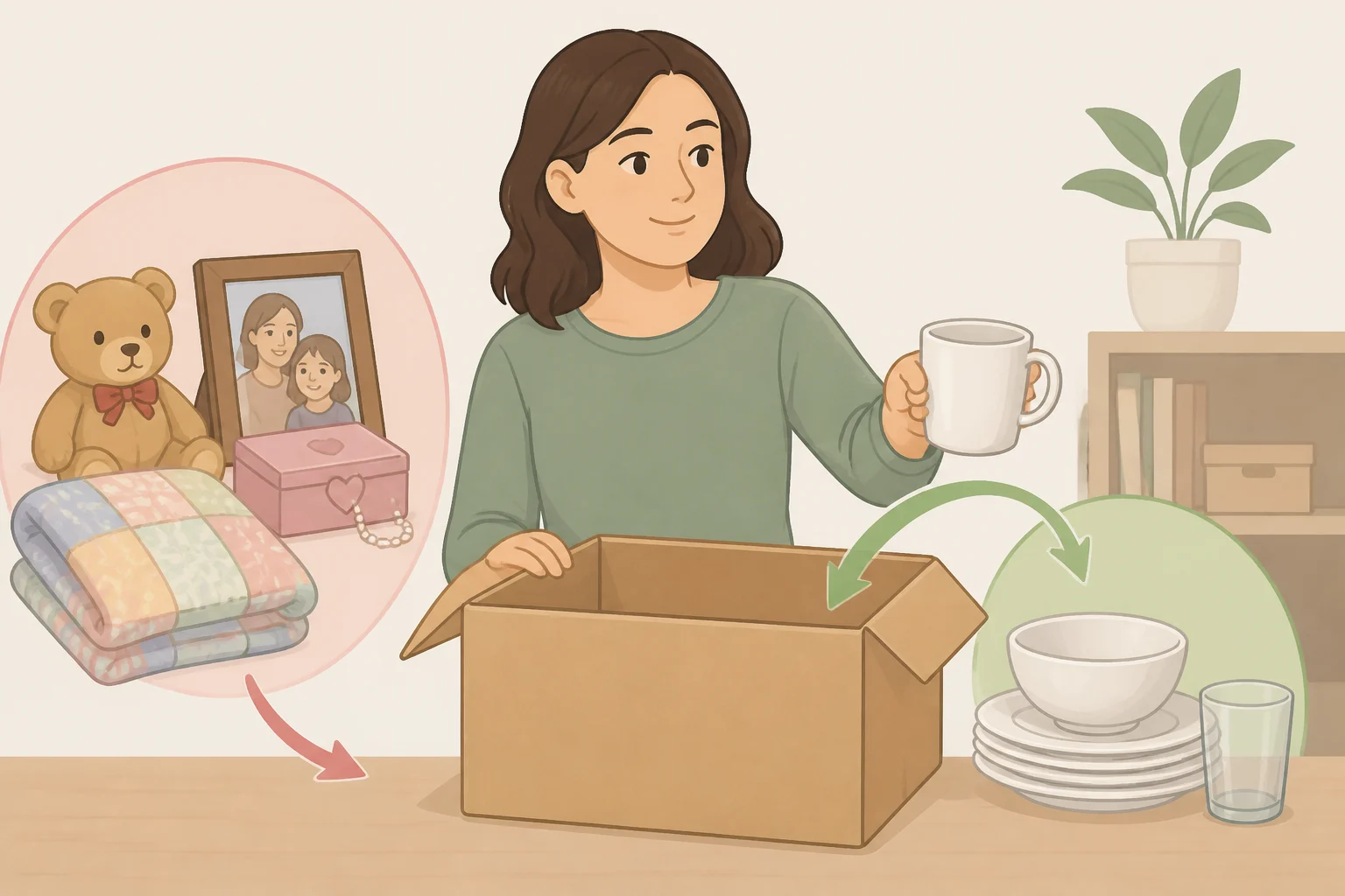 Person sorting kitchen utensils and low-sentiment household items into a “maybe box” to practice decluttering with low emotional stakes