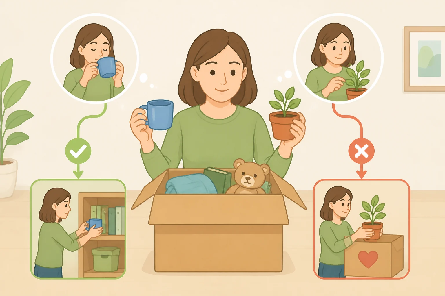 Review day scene with forgotten items placed for donation and items pulled for active use, showing how to decide based on what you actually needed during the box trial