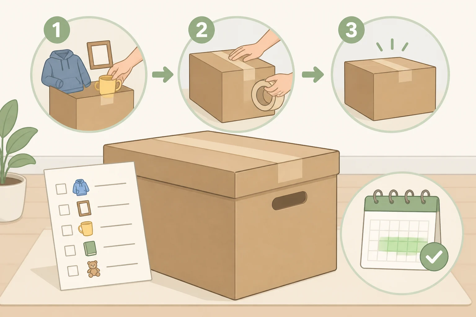 A sealed “maybe box” for the box rule for decluttering with a list of uncertain items and a closed lid, illustrating how decisions are delayed instead of made instantly
